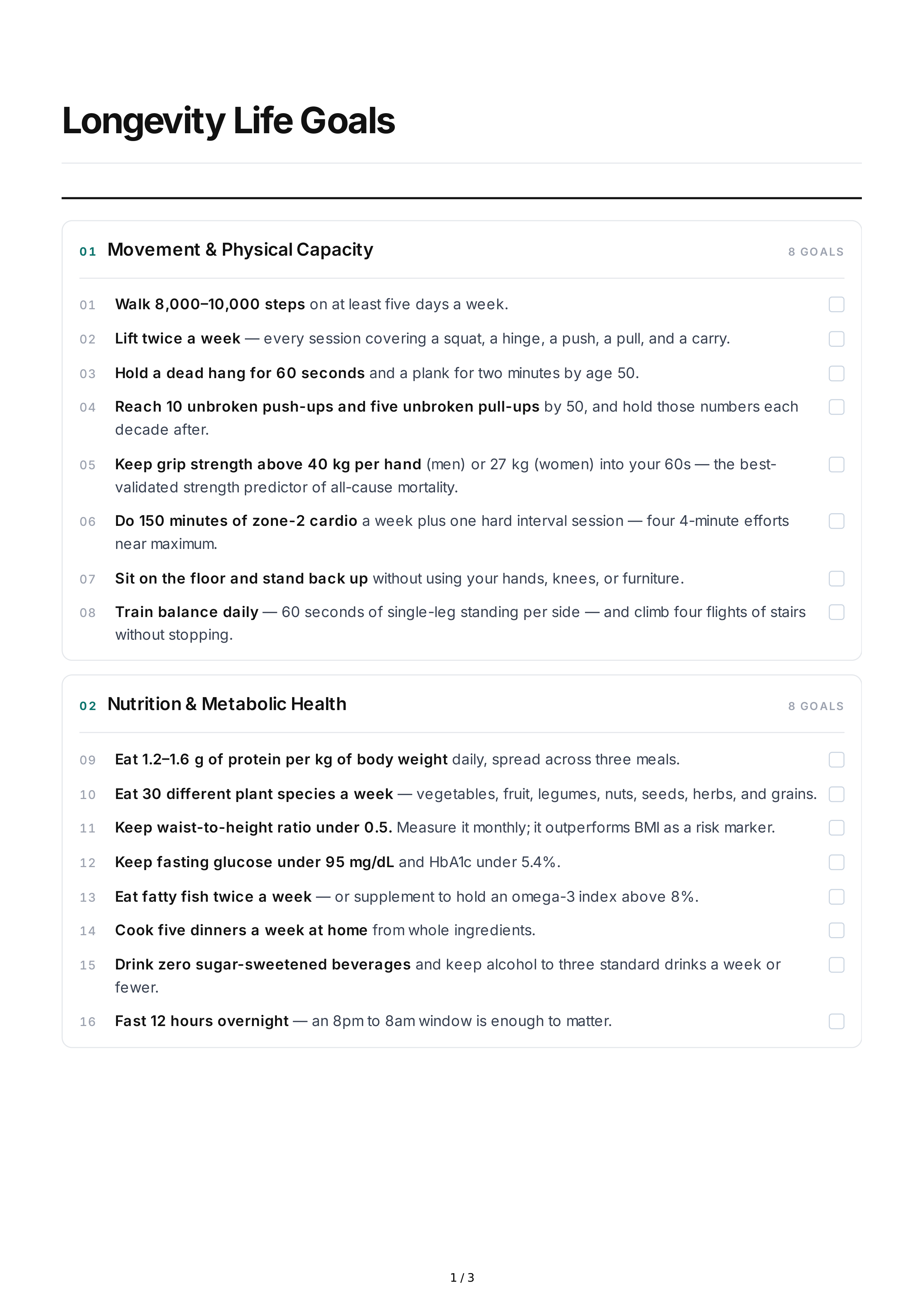 Longevity Life Goals — page 1