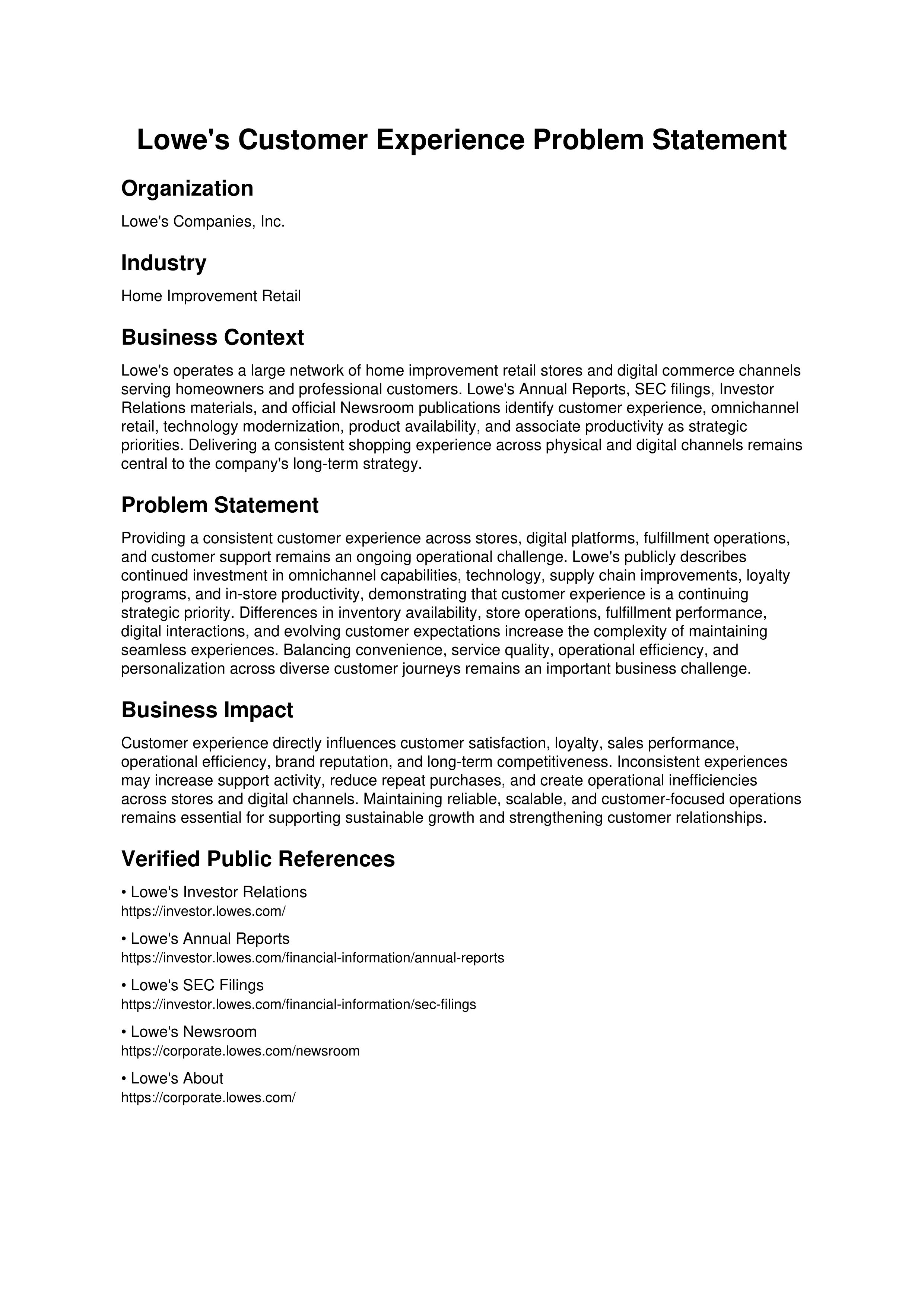 Lowe's Customer Experience Problem Statement — page 1