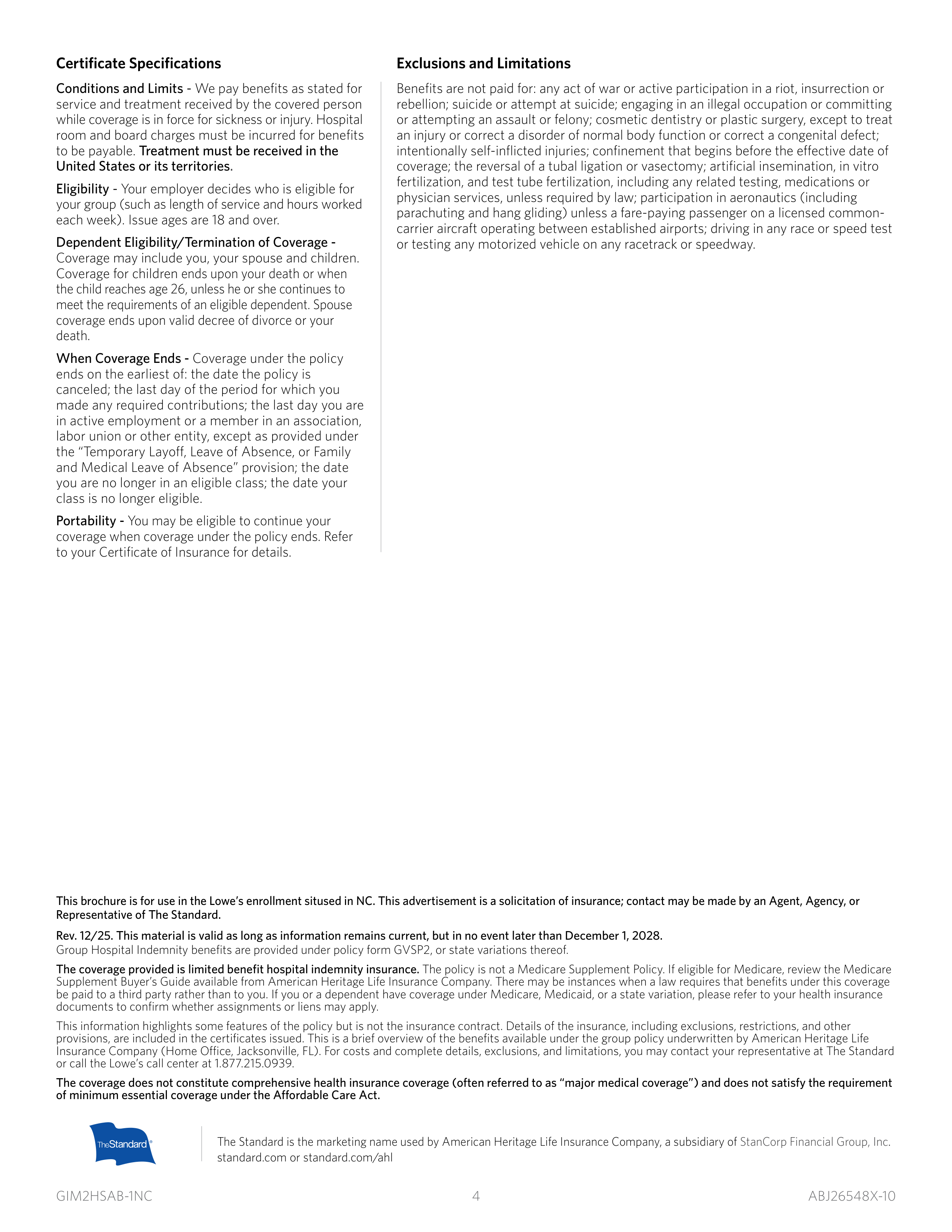 Lowe's Hospital Insurance Brochure — page 4