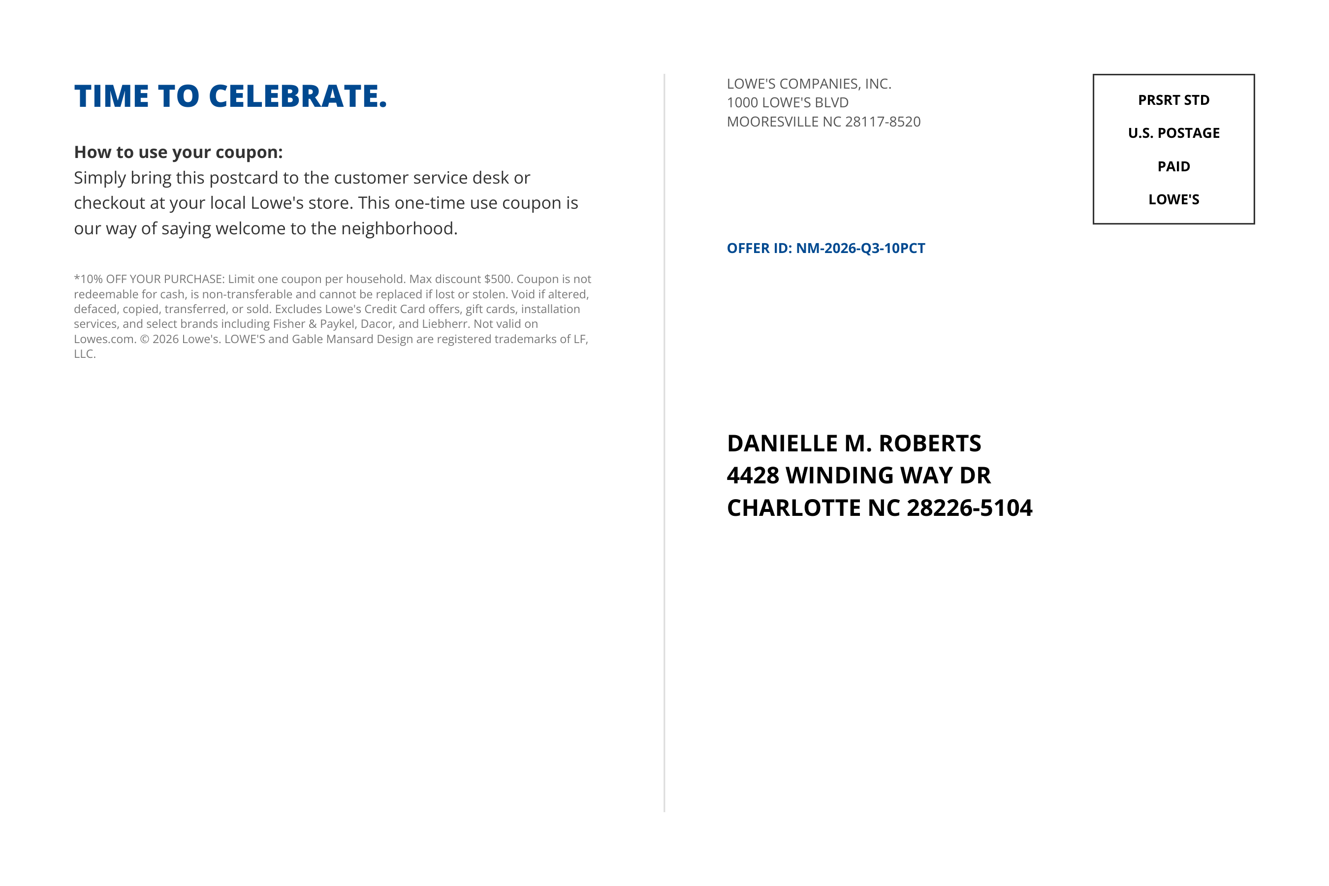 Lowe's New Mover 10% Off Activation Postcard — page 2