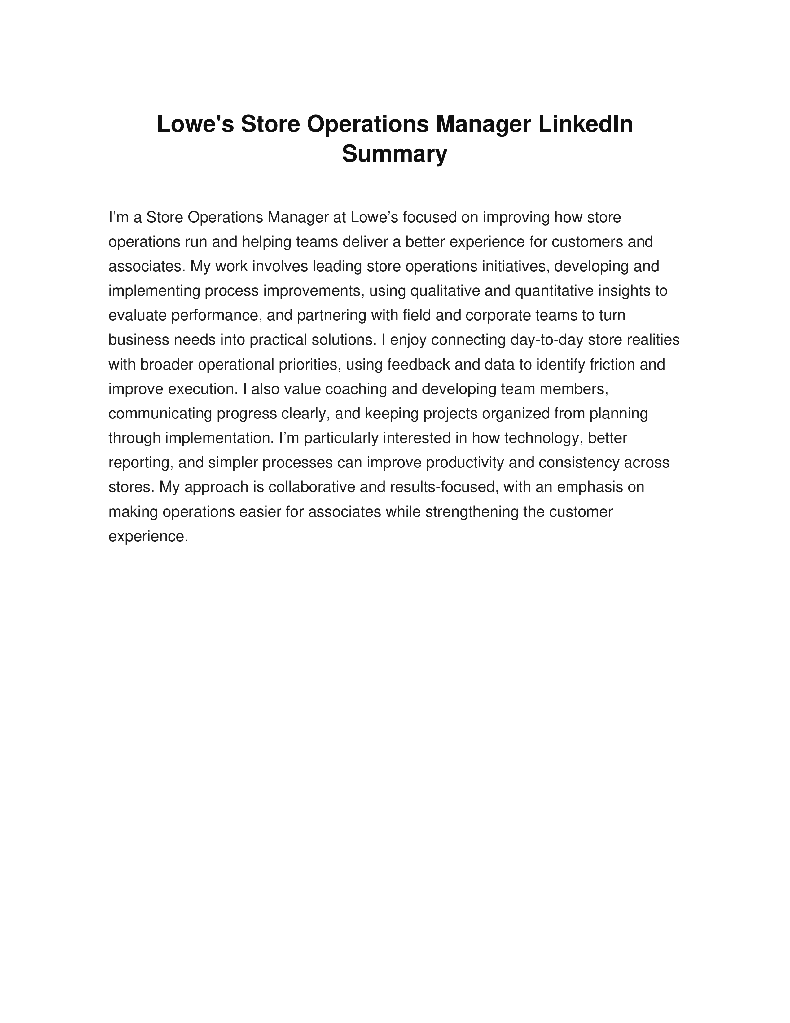 Lowe's Store Operations Manager LinkedIn Summary — page 1