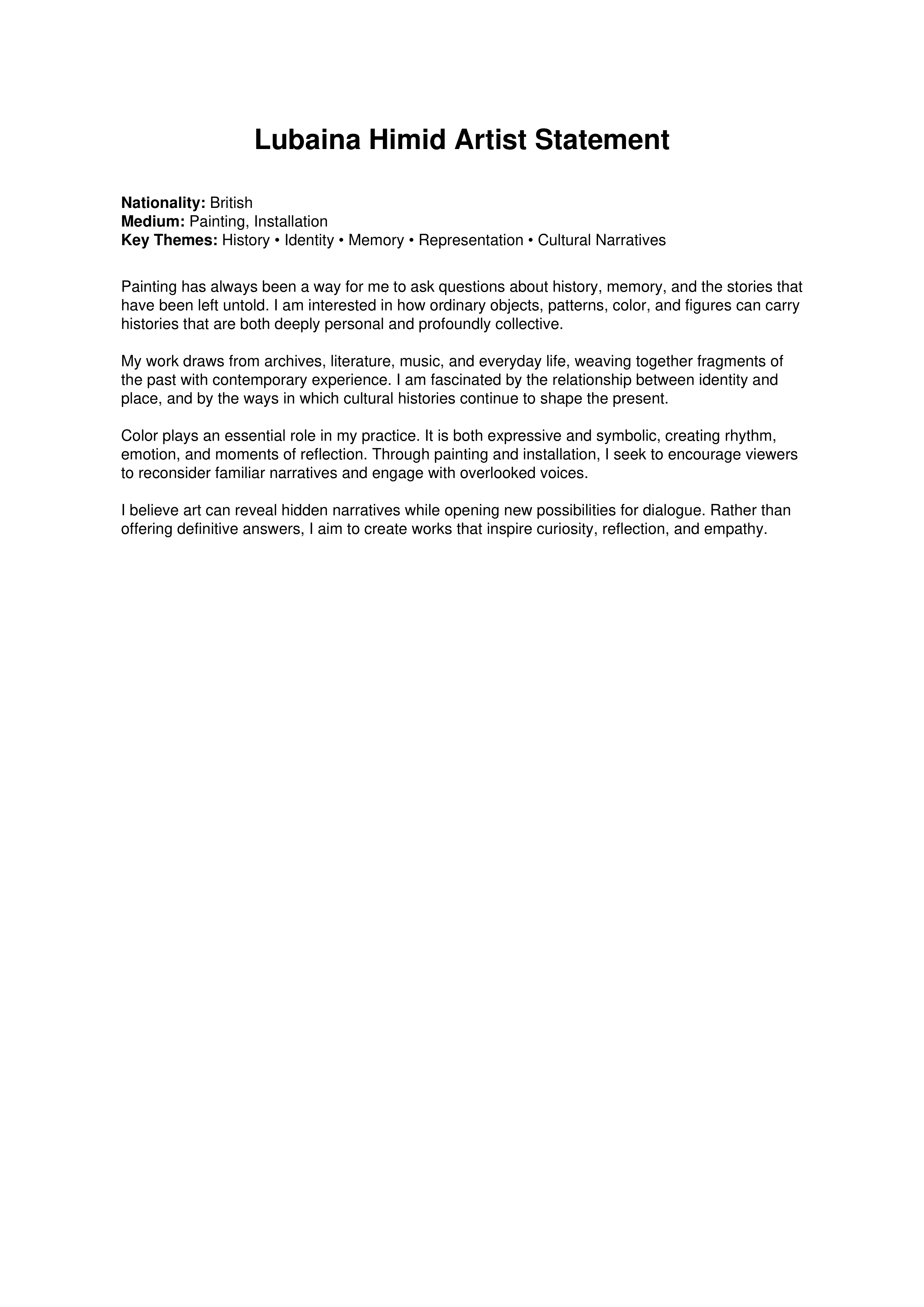 Lubaina Himid Artist Statement — page 1