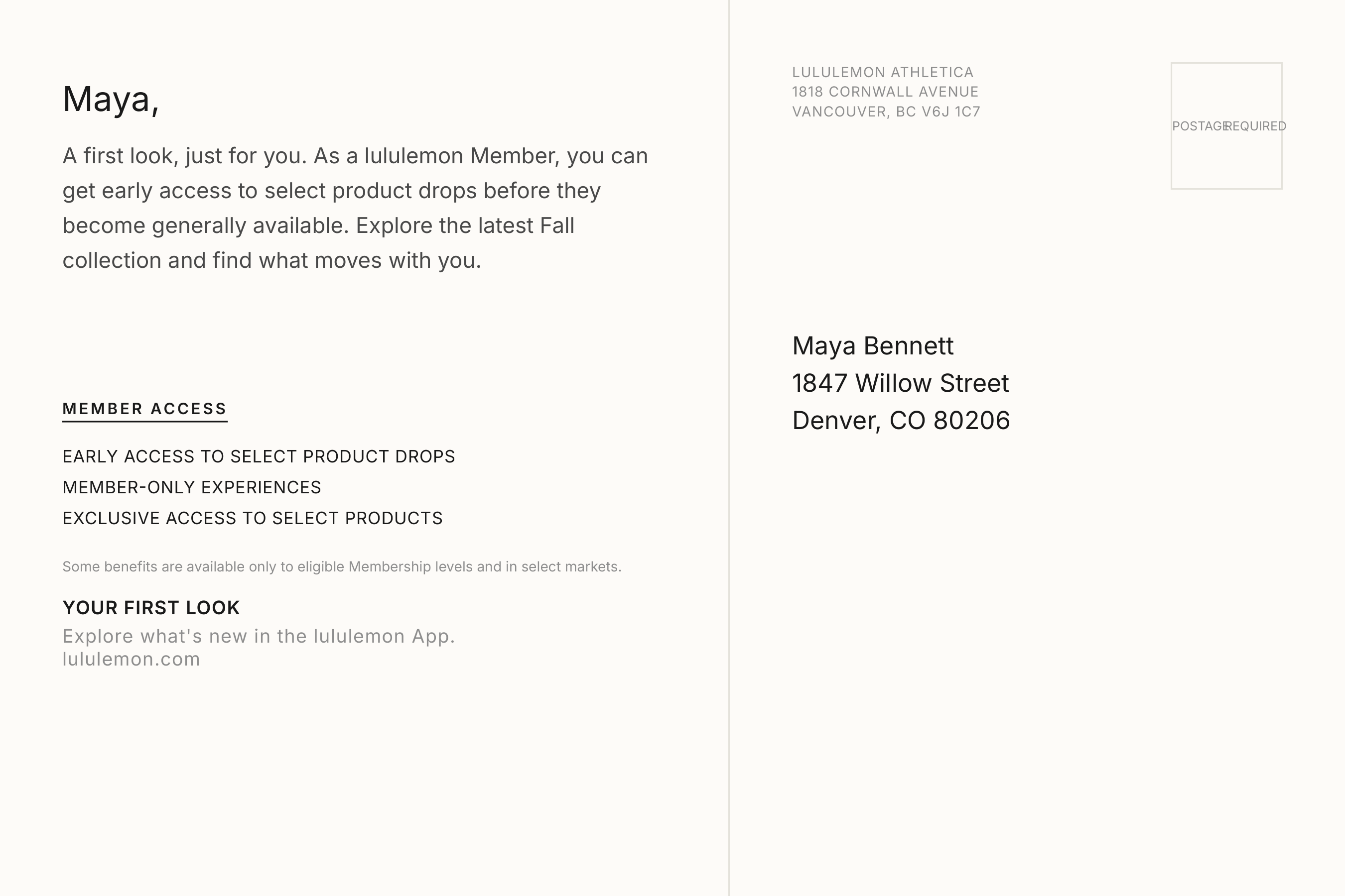 Lululemon High-Value Customer VIP Seasonal Lookbook Postcard — page 2