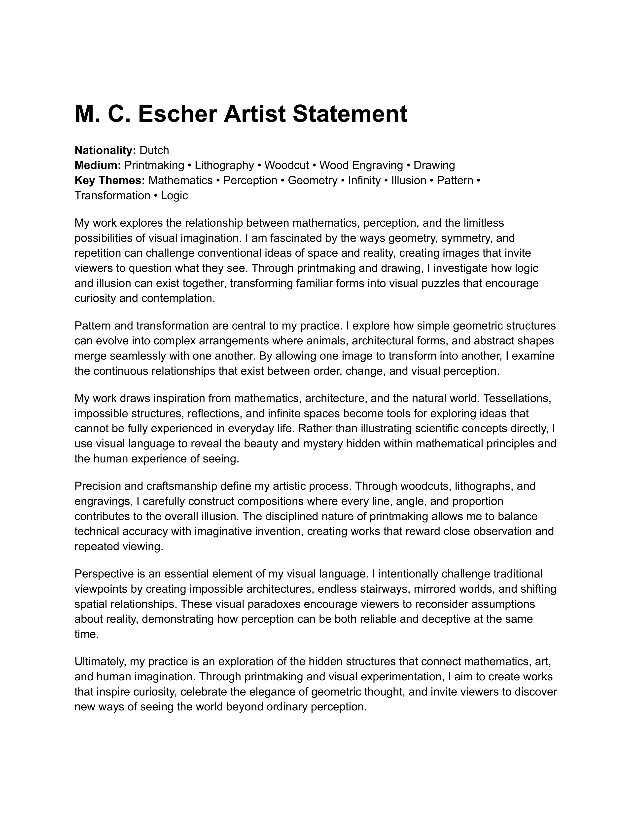 M C Escher Artist Statement — page 1