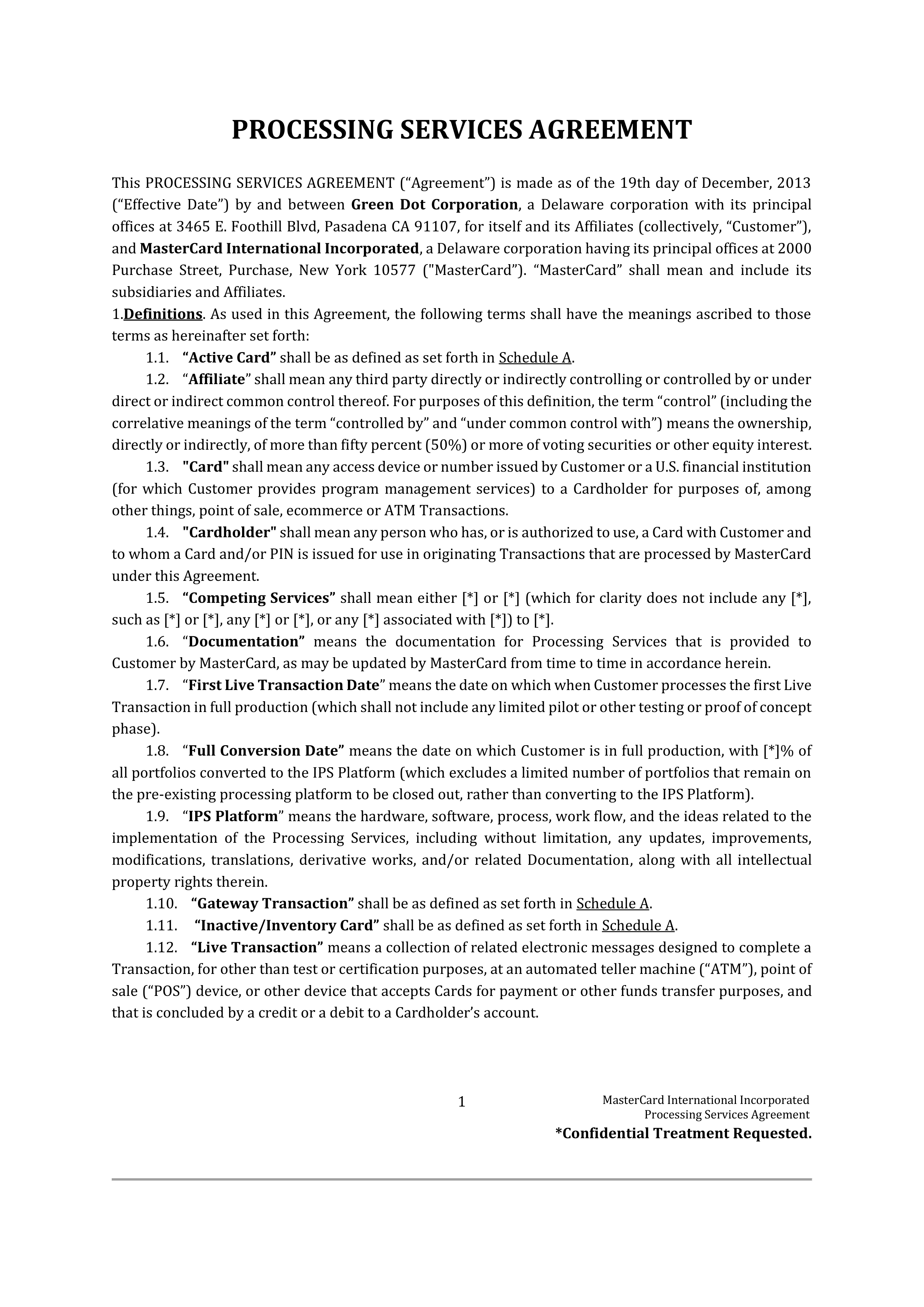 MASTERCARD PROCESSING SERVICES AGREEMENT — page 1