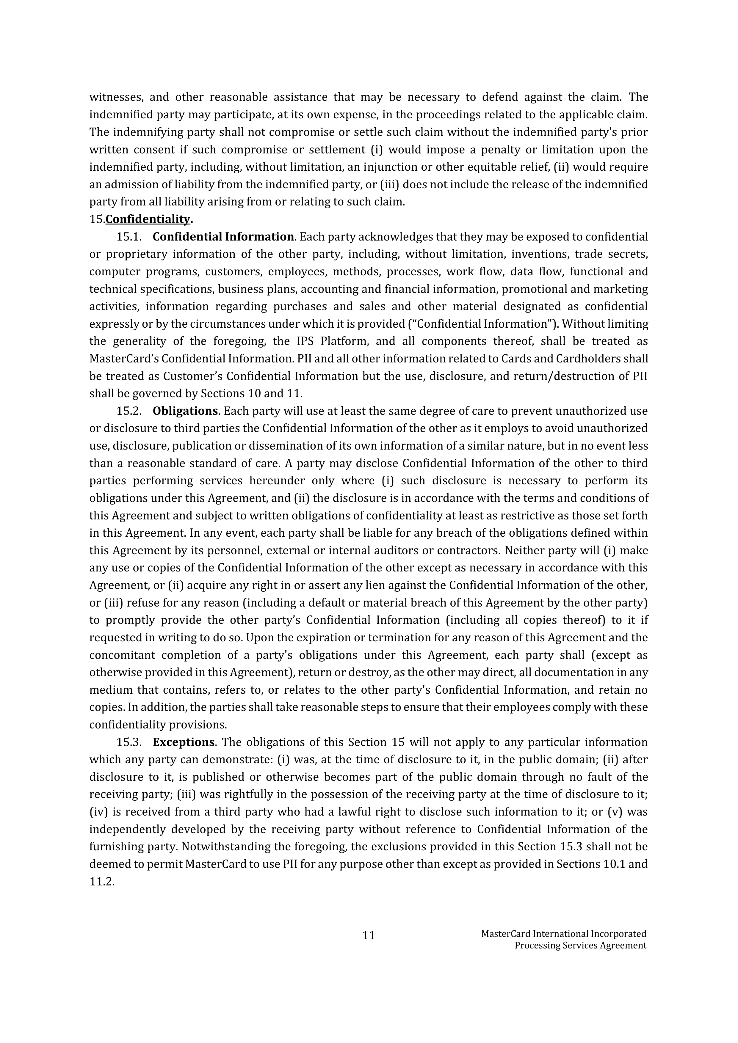 MASTERCARD PROCESSING SERVICES AGREEMENT — page 13