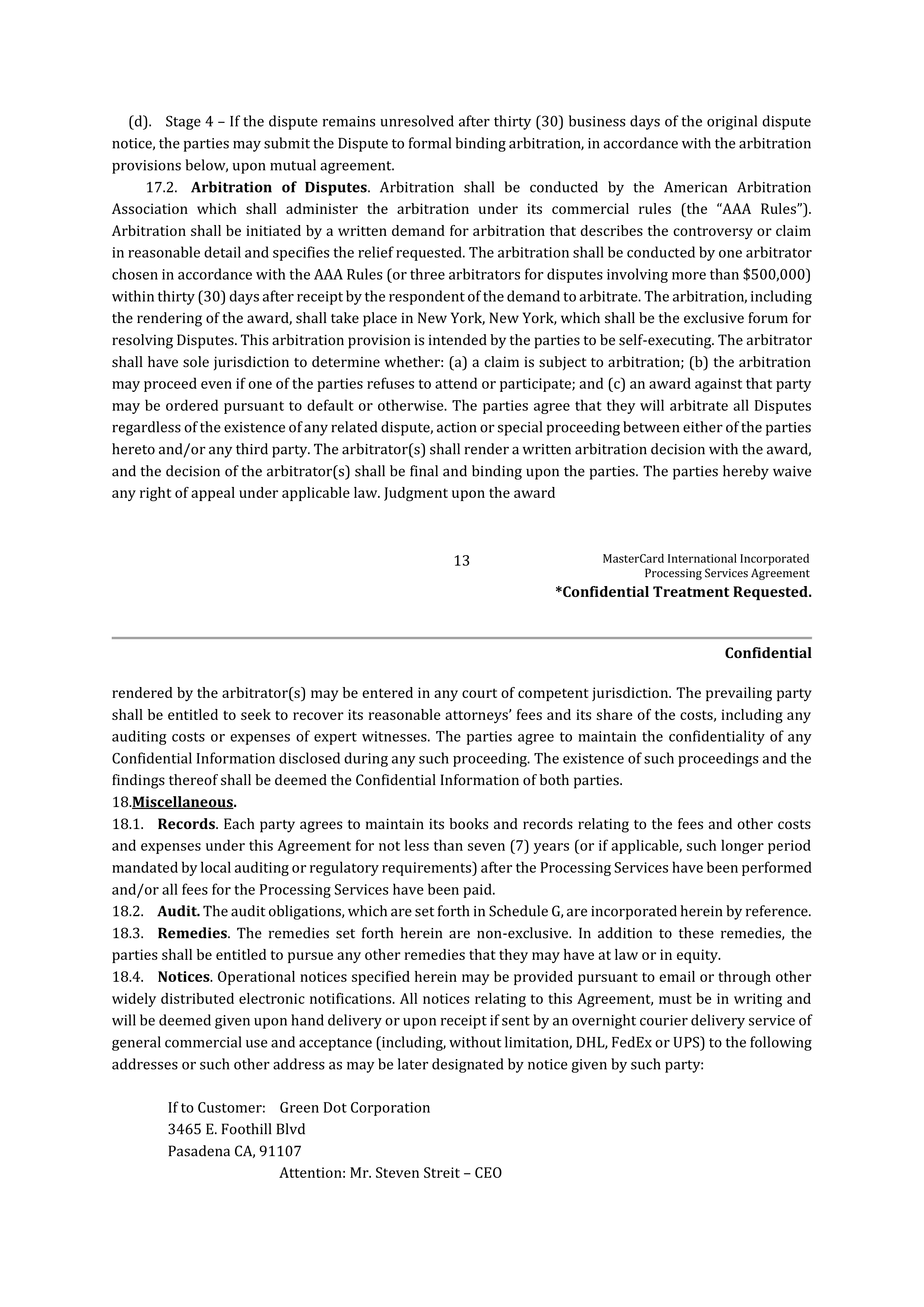 MASTERCARD PROCESSING SERVICES AGREEMENT — page 16