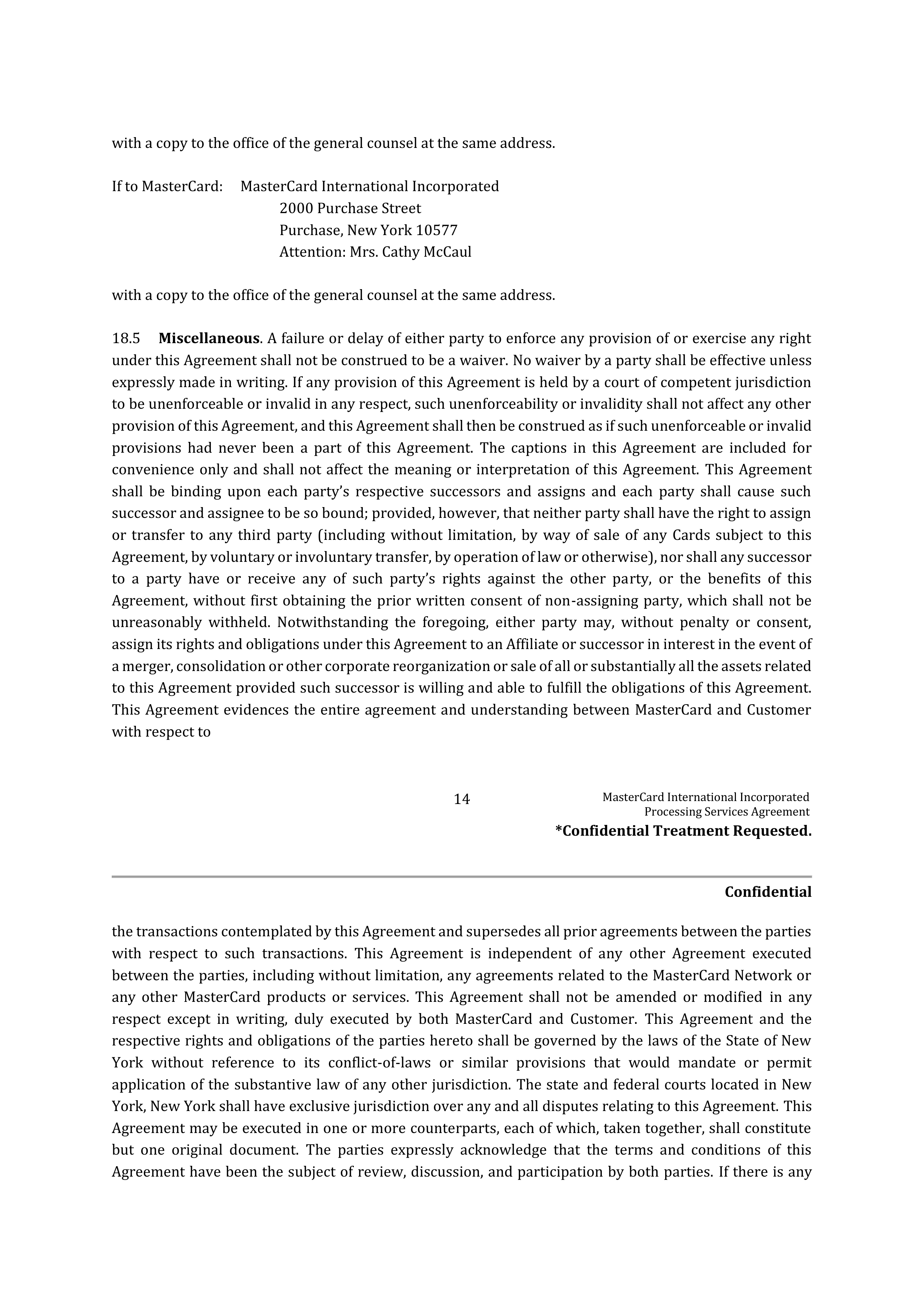 MASTERCARD PROCESSING SERVICES AGREEMENT — page 17