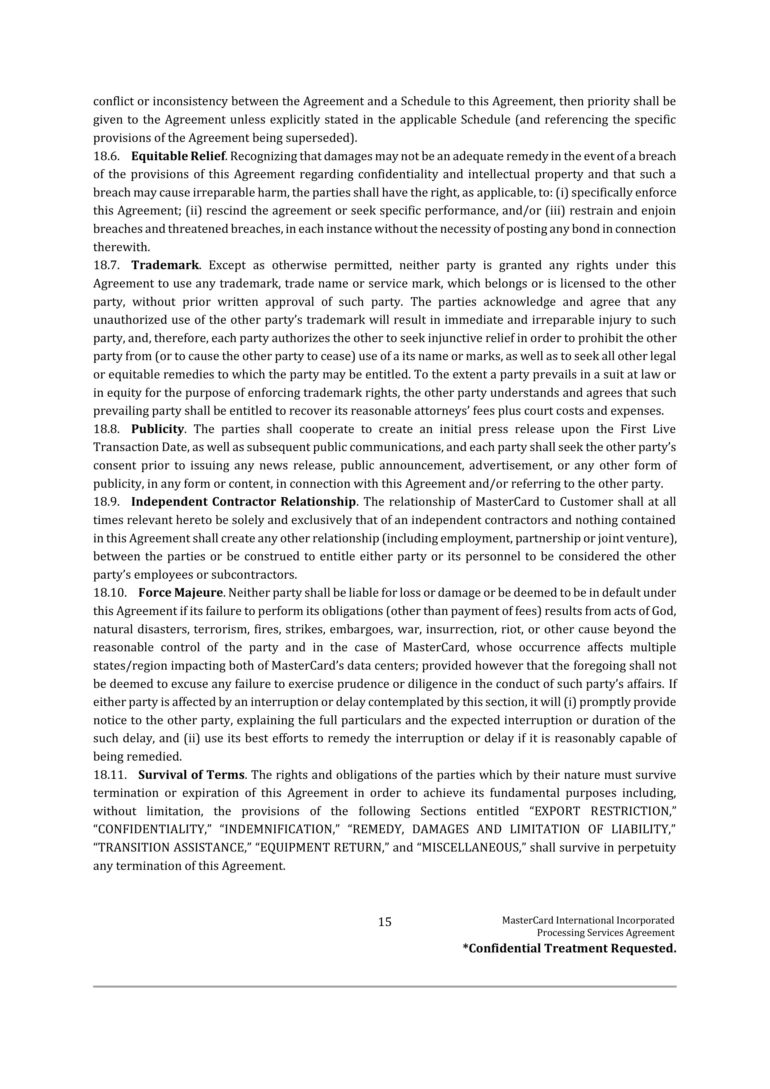 MASTERCARD PROCESSING SERVICES AGREEMENT — page 18