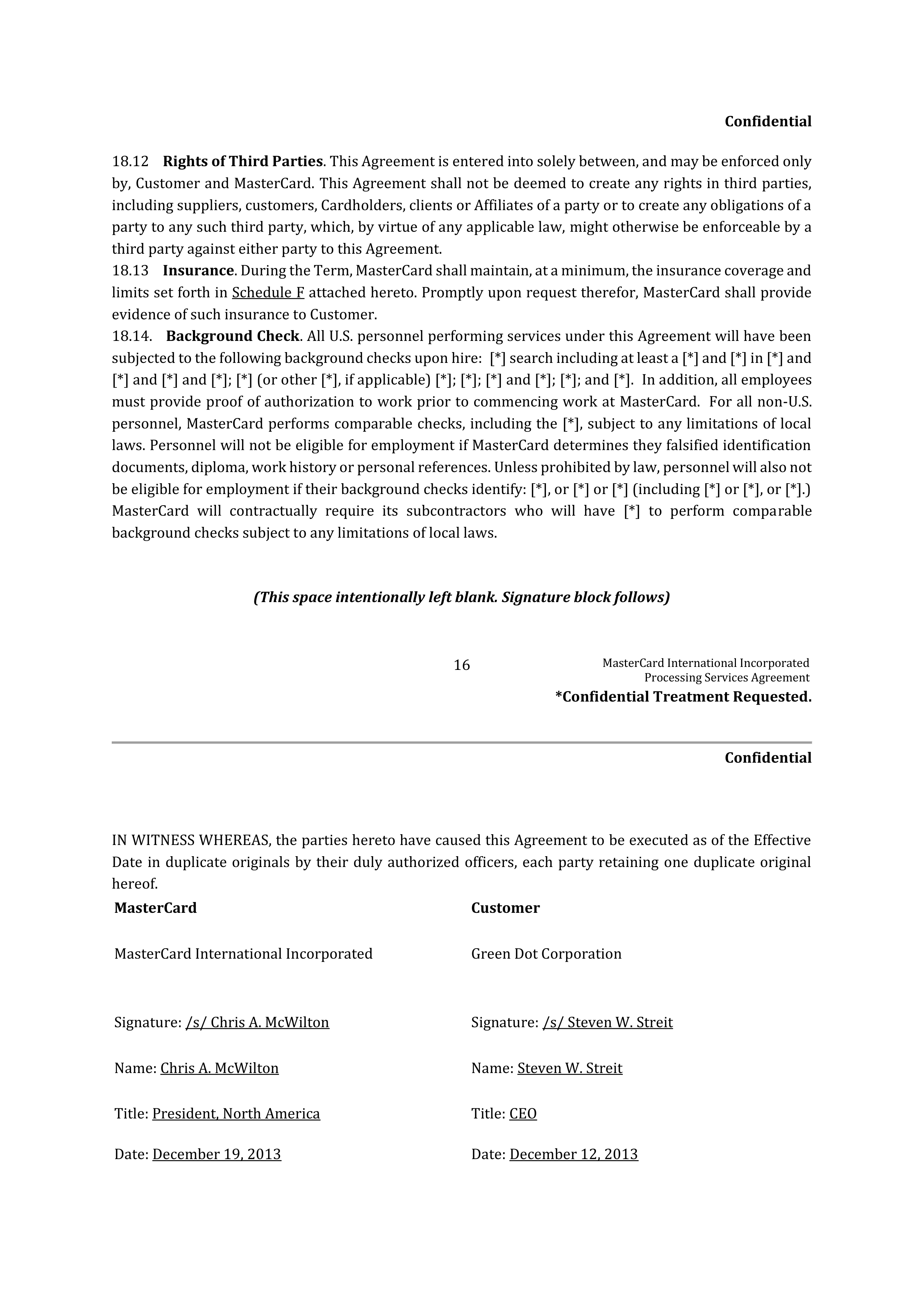 MASTERCARD PROCESSING SERVICES AGREEMENT — page 19