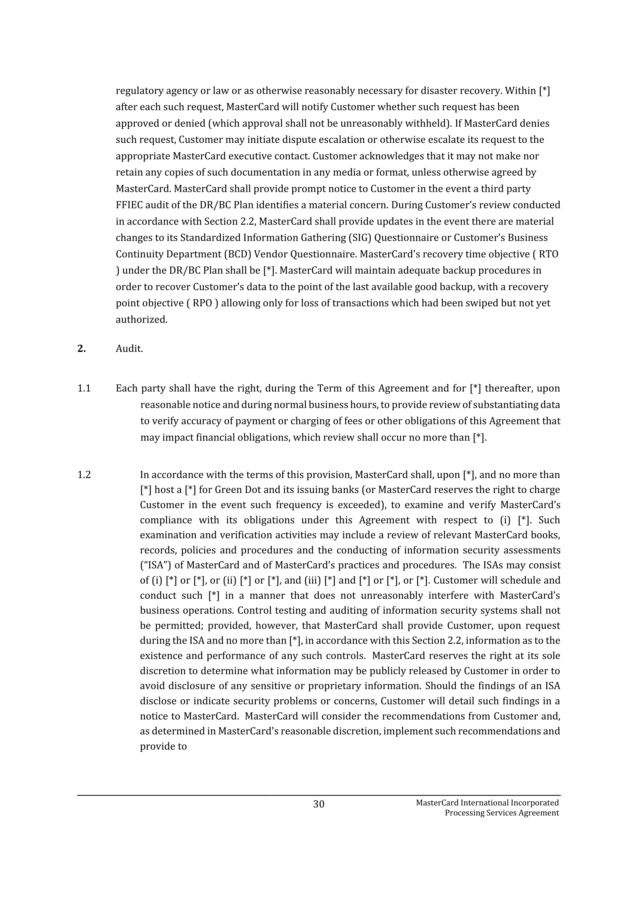 MASTERCARD PROCESSING SERVICES AGREEMENT — page 30