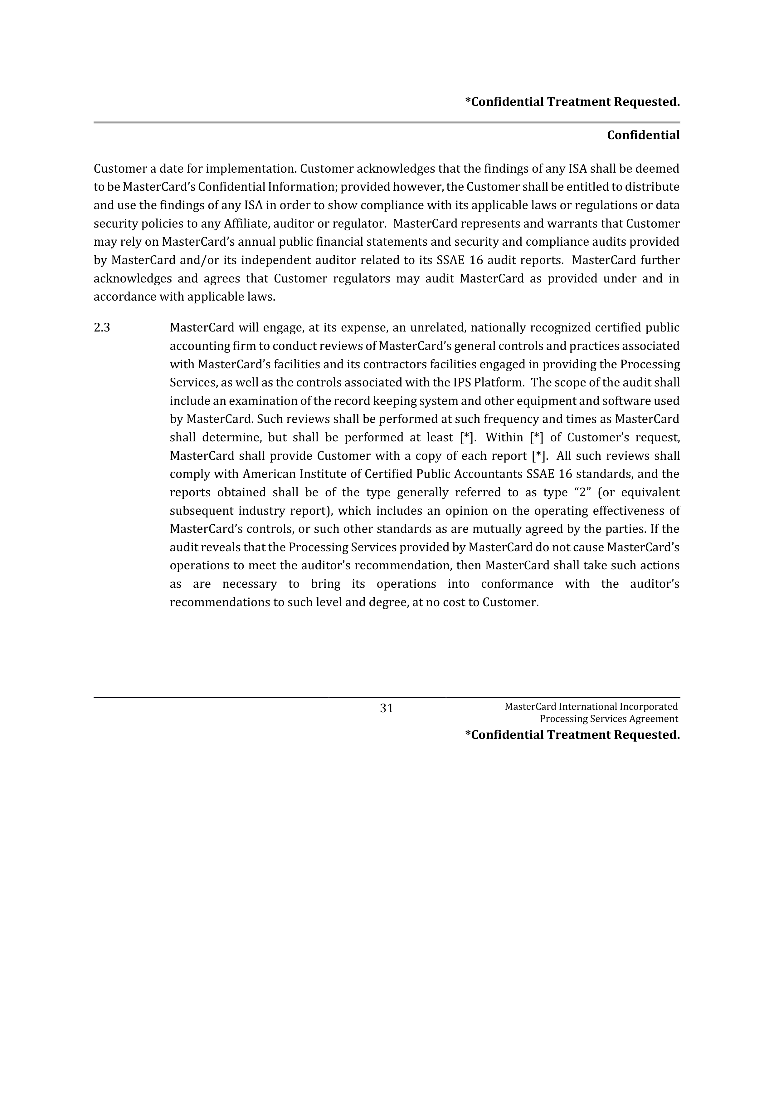 MASTERCARD PROCESSING SERVICES AGREEMENT — page 31