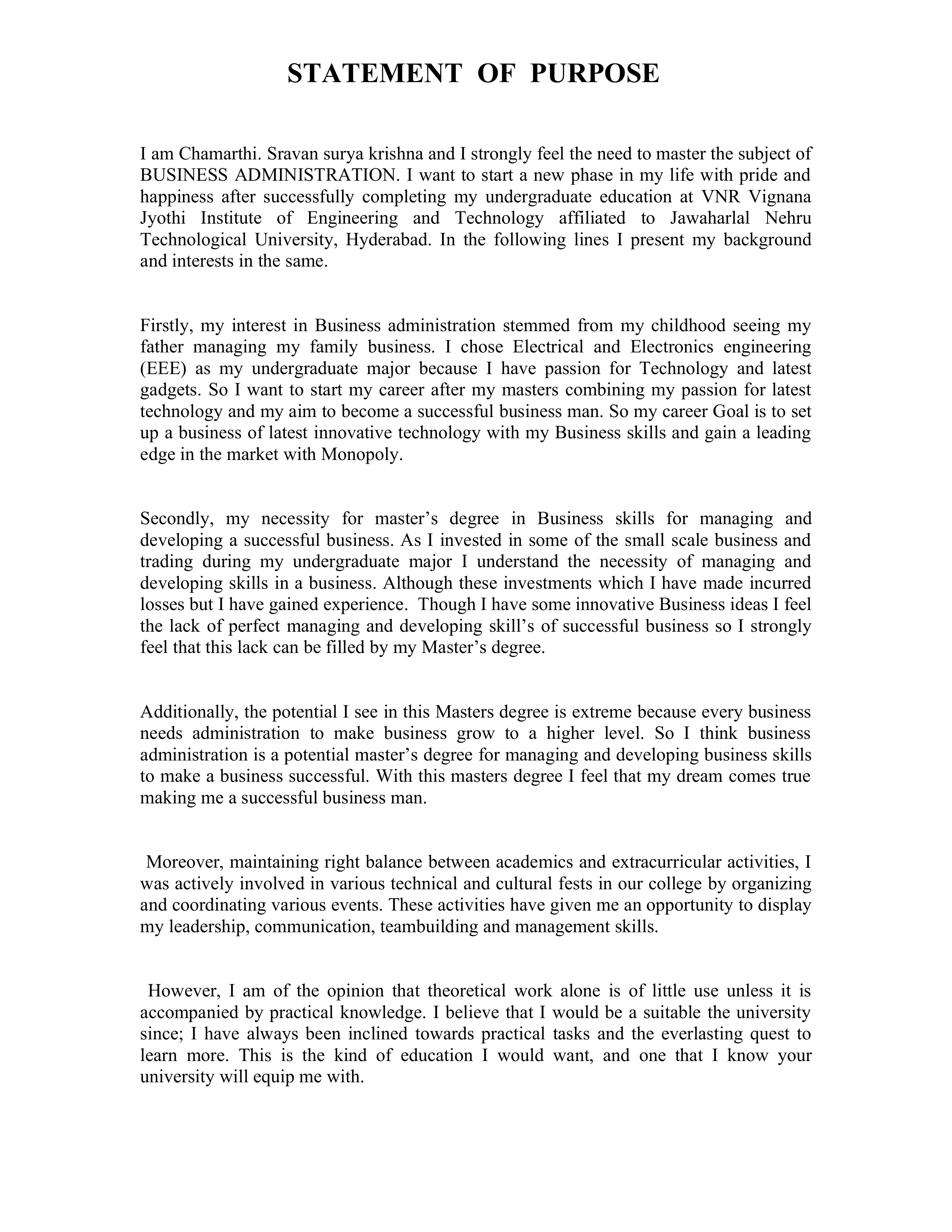 MBA Statement of Purpose — page 1