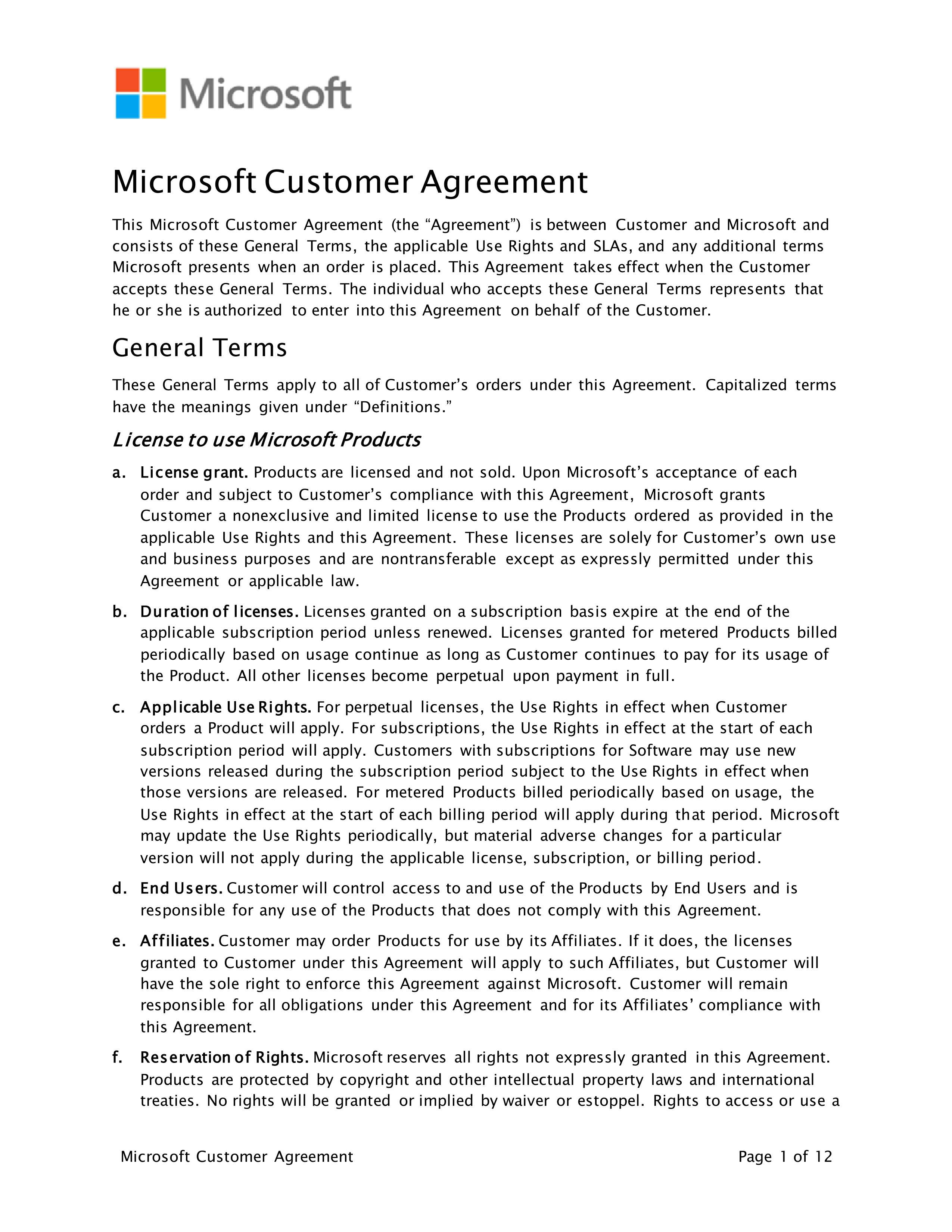 Microsoft Customer Agreement — page 1