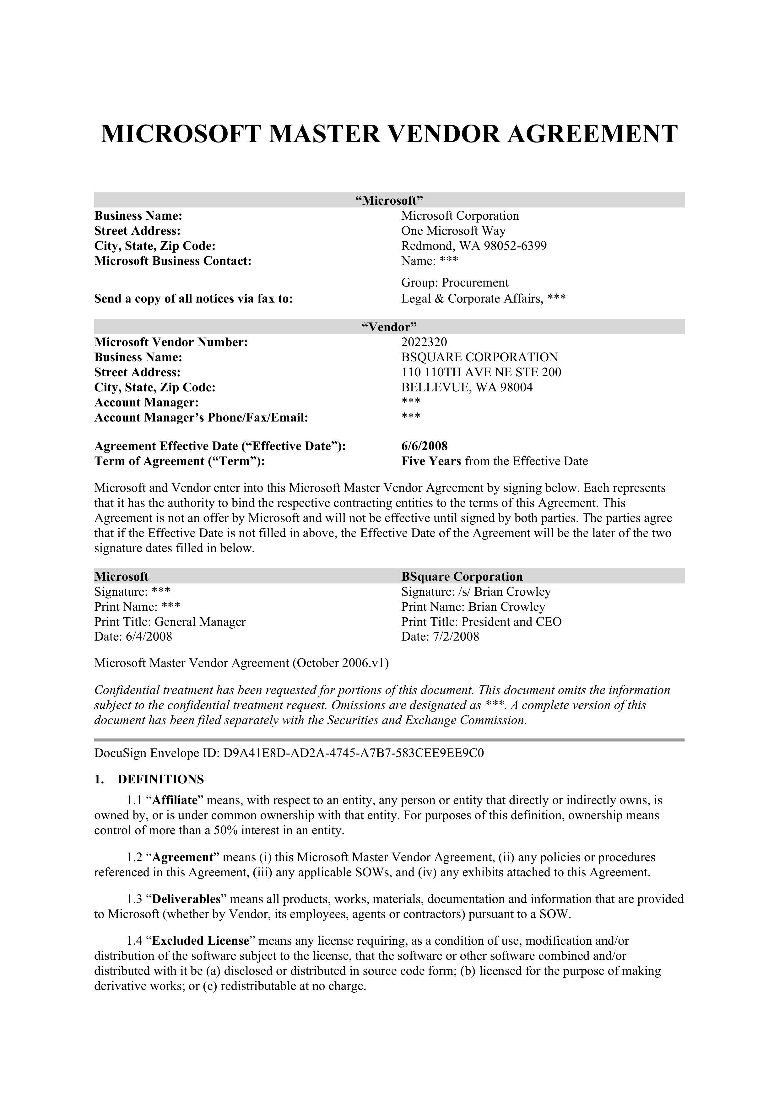 MICROSOFT MASTER VENDOR AGREEMENT — page 1