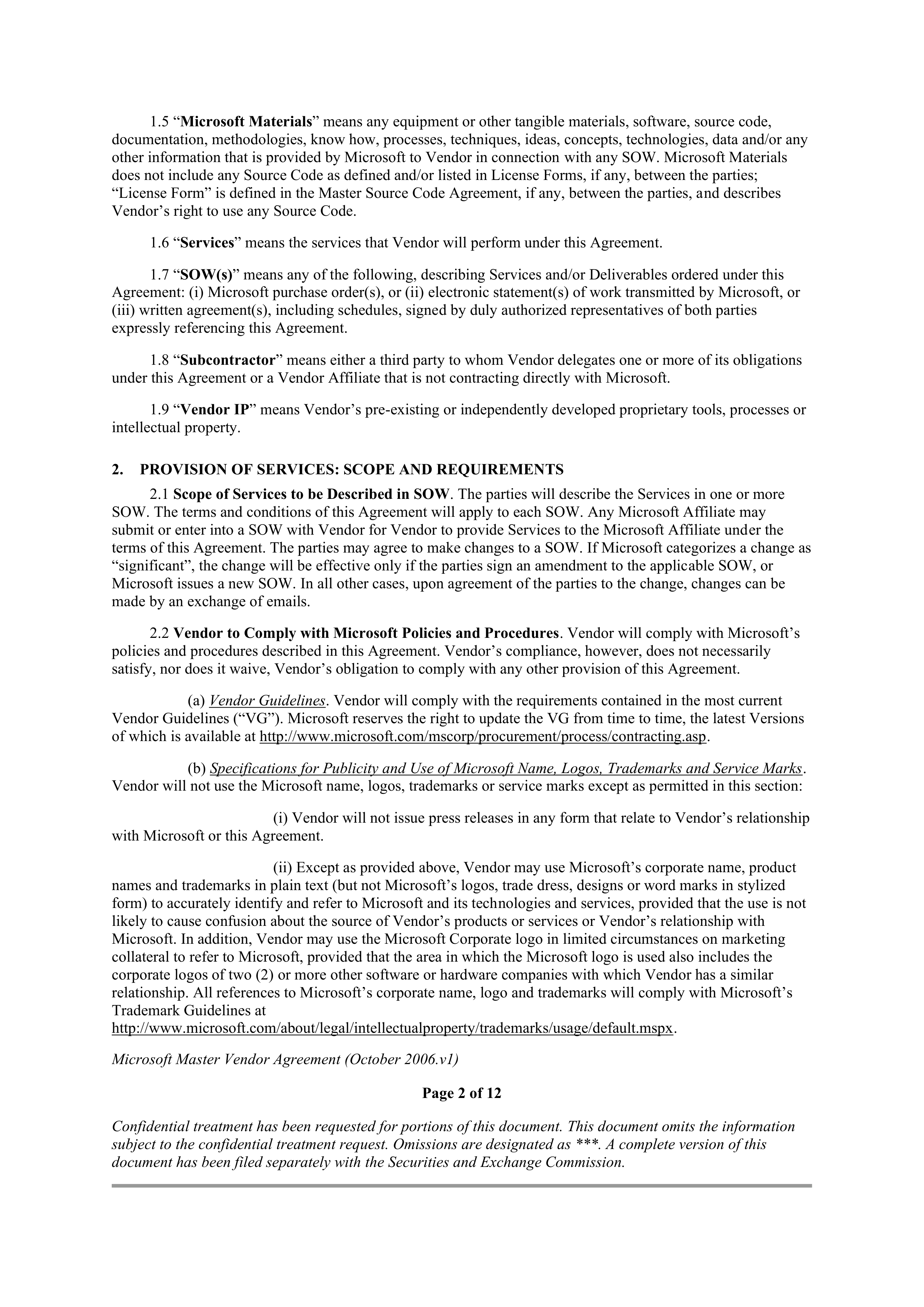 MICROSOFT MASTER VENDOR AGREEMENT — page 2