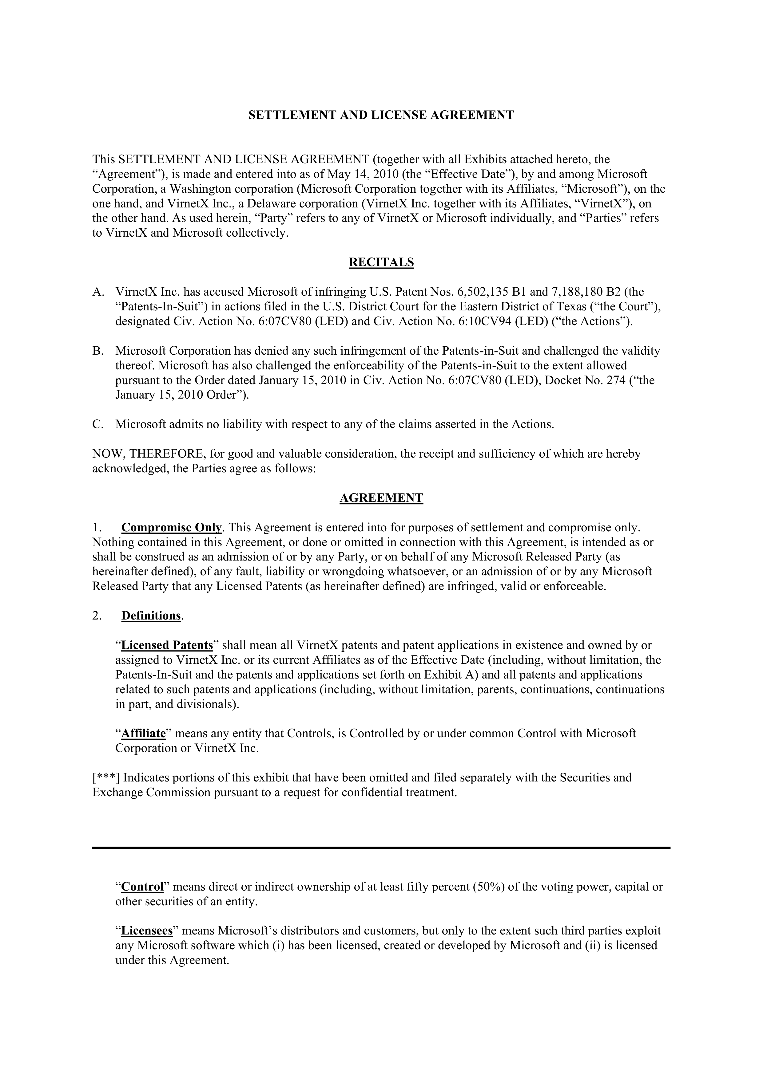 MICROSOFT SETTLEMENT AND LICENSE AGREEMENT — page 1