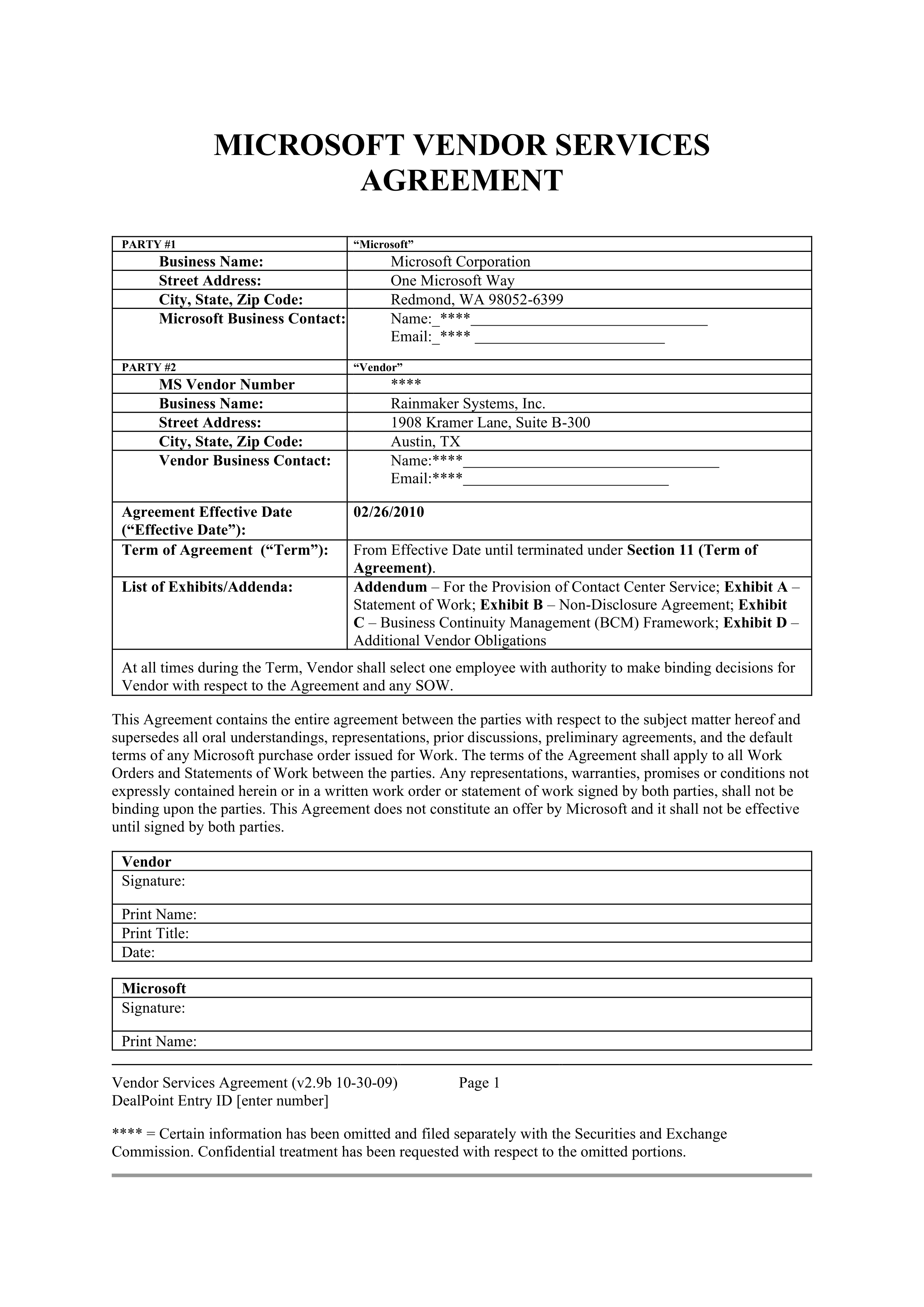 MICROSOFT VENDOR SERVICES AGREEMENT — page 1