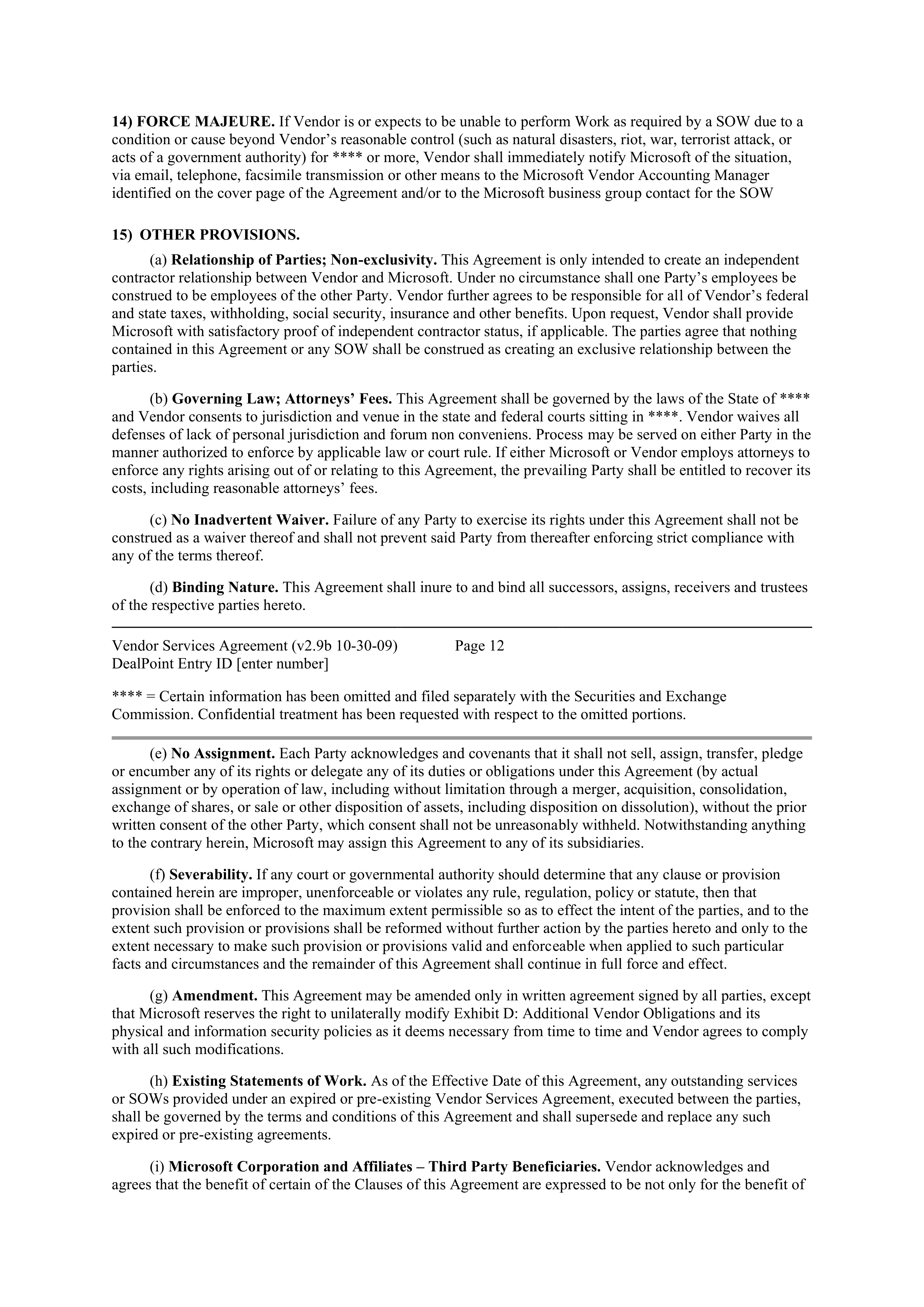 MICROSOFT VENDOR SERVICES AGREEMENT — page 11