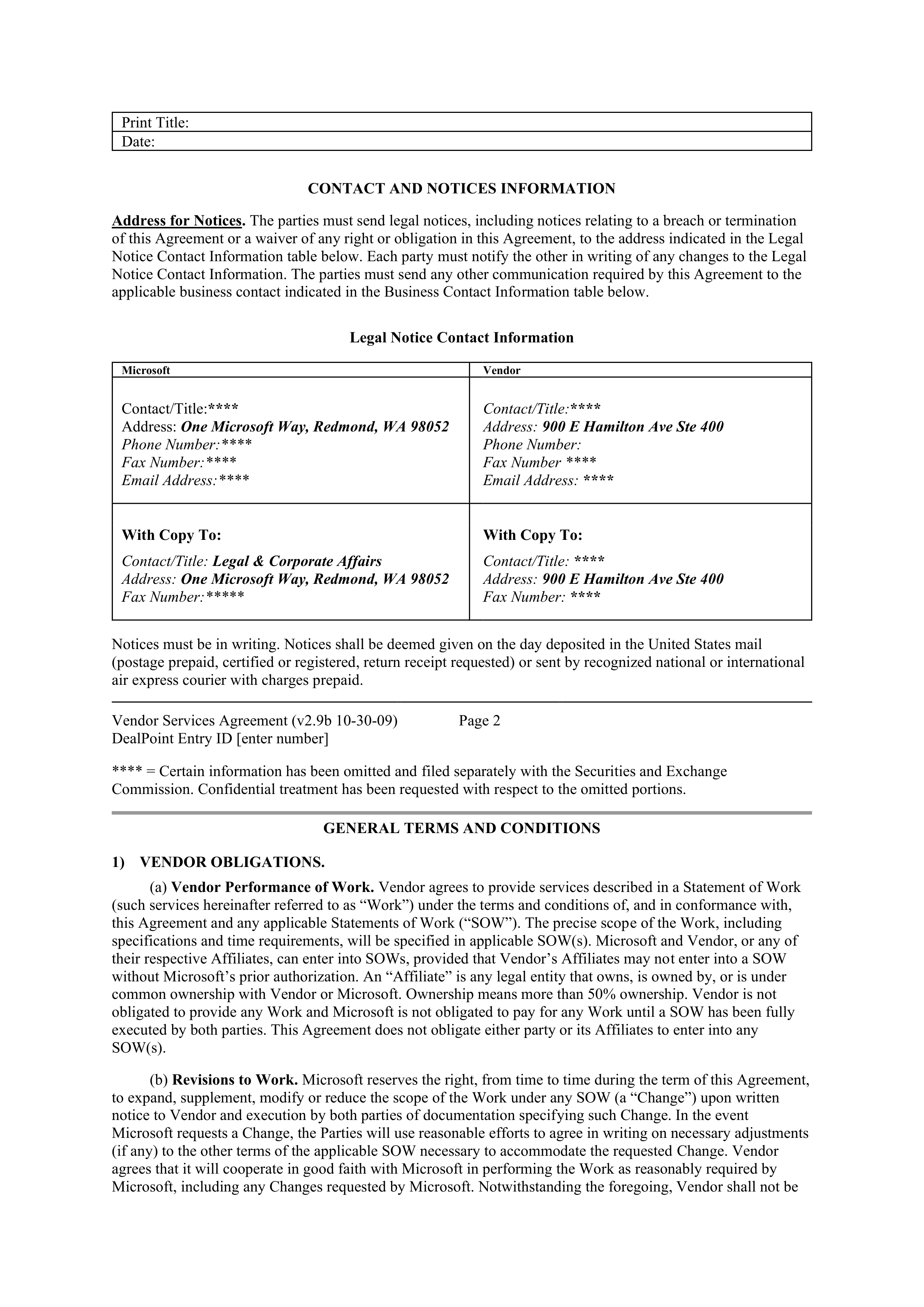 MICROSOFT VENDOR SERVICES AGREEMENT — page 2