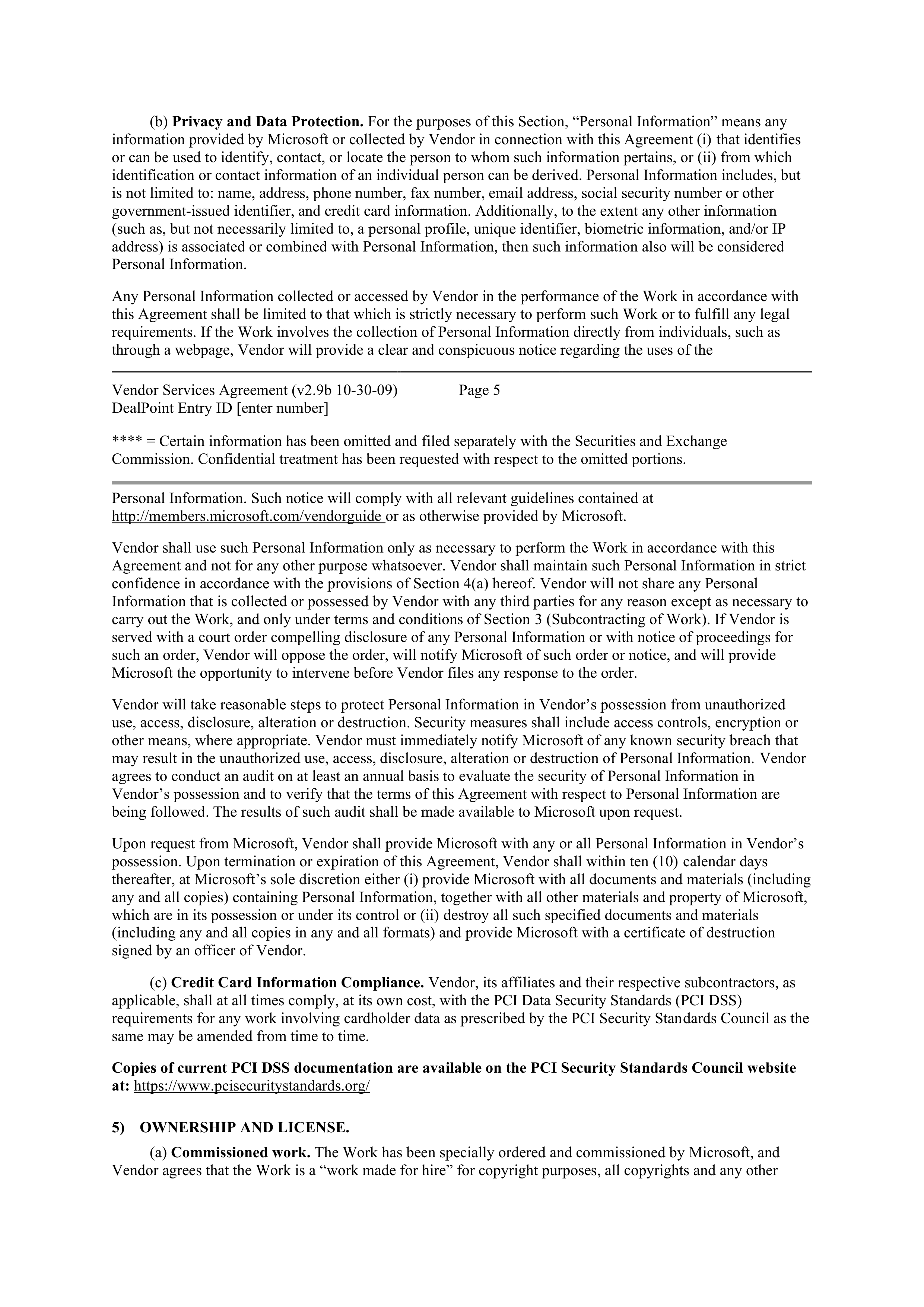 MICROSOFT VENDOR SERVICES AGREEMENT — page 5