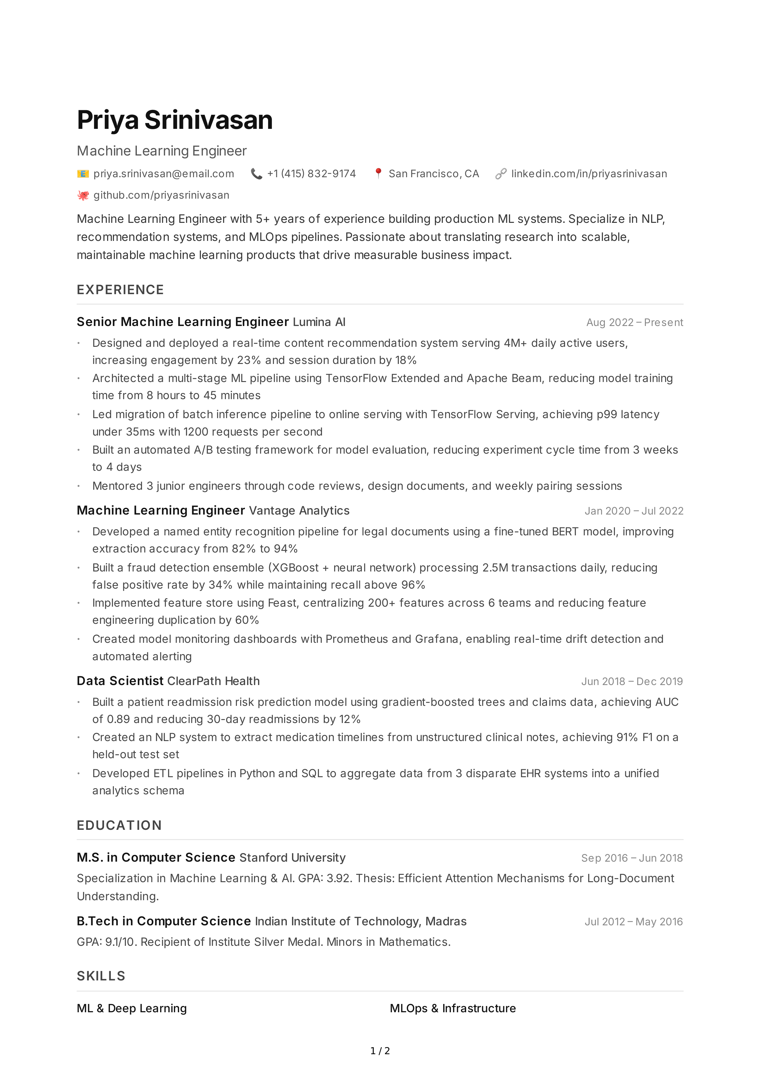 Machine Learning Engineer CV — page 1