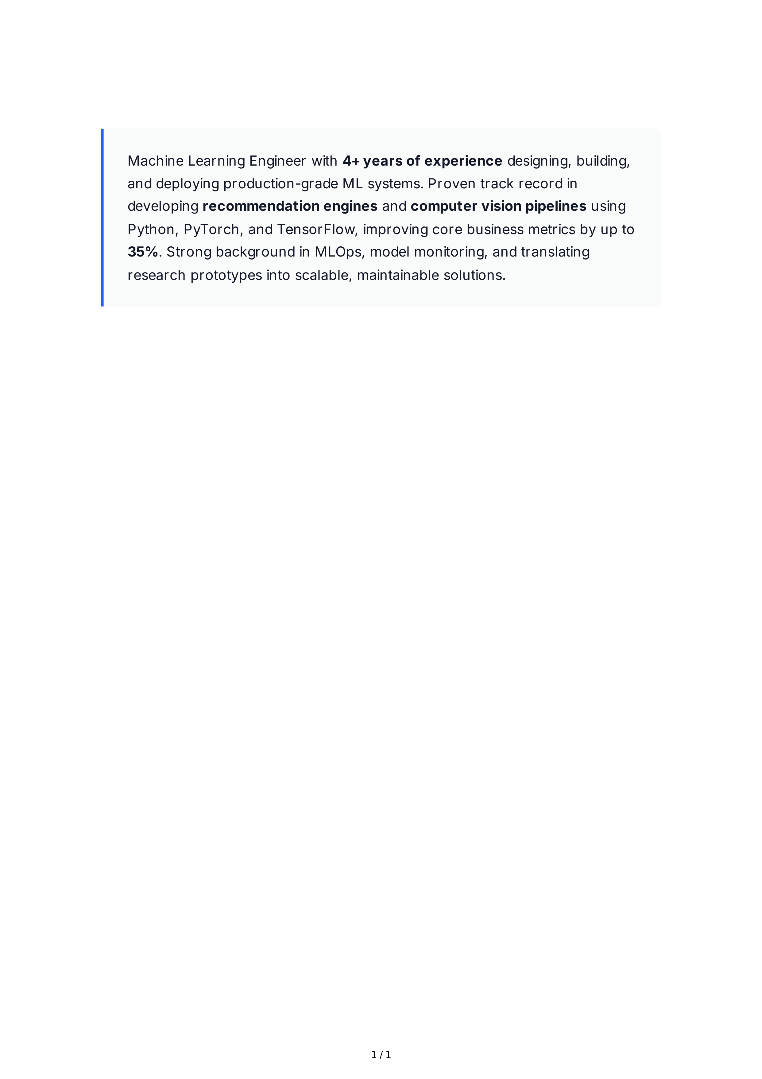 Machine Learning Engineer Resume Summary — page 1