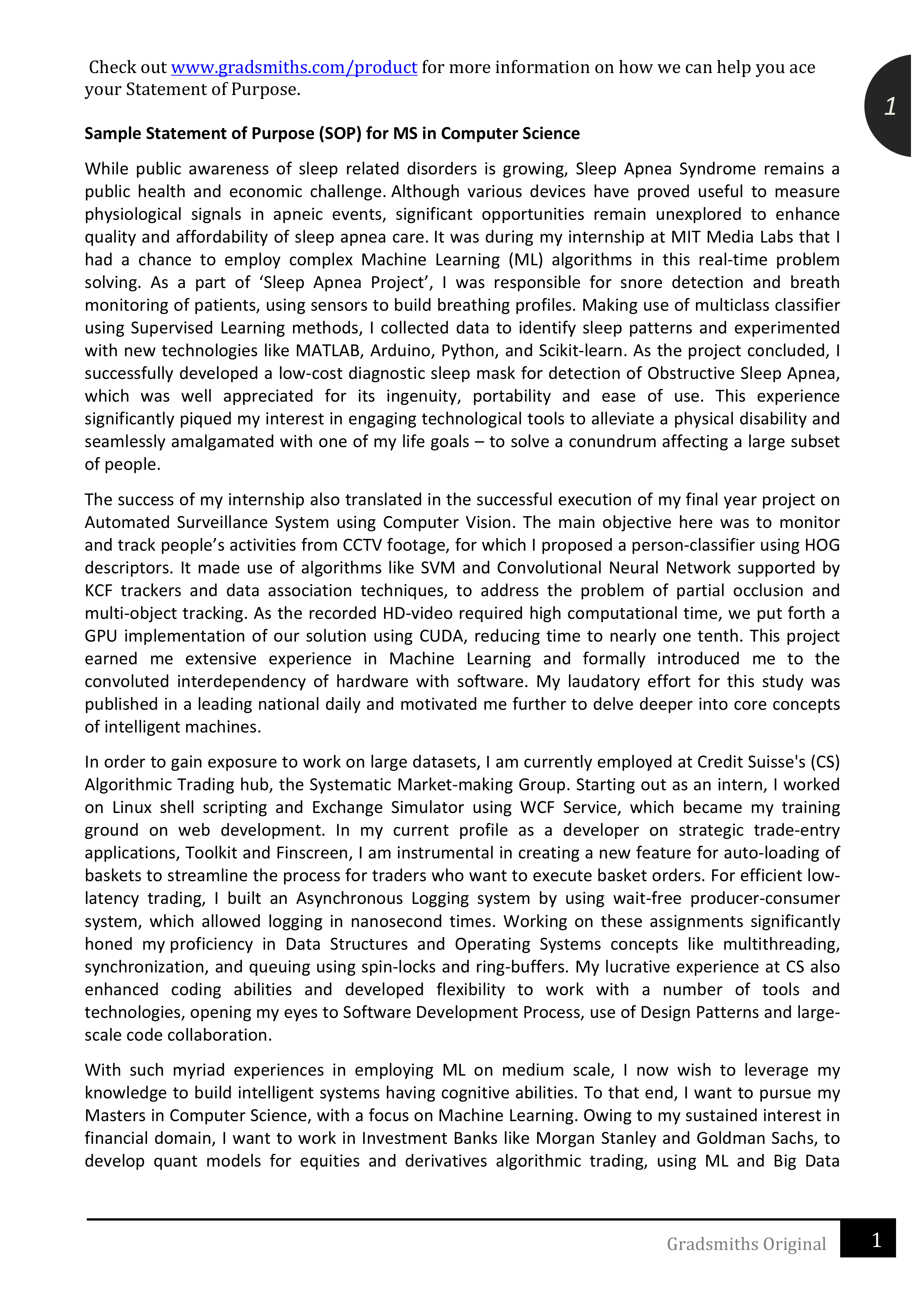 Machine Learning Statement of Purpose — page 1
