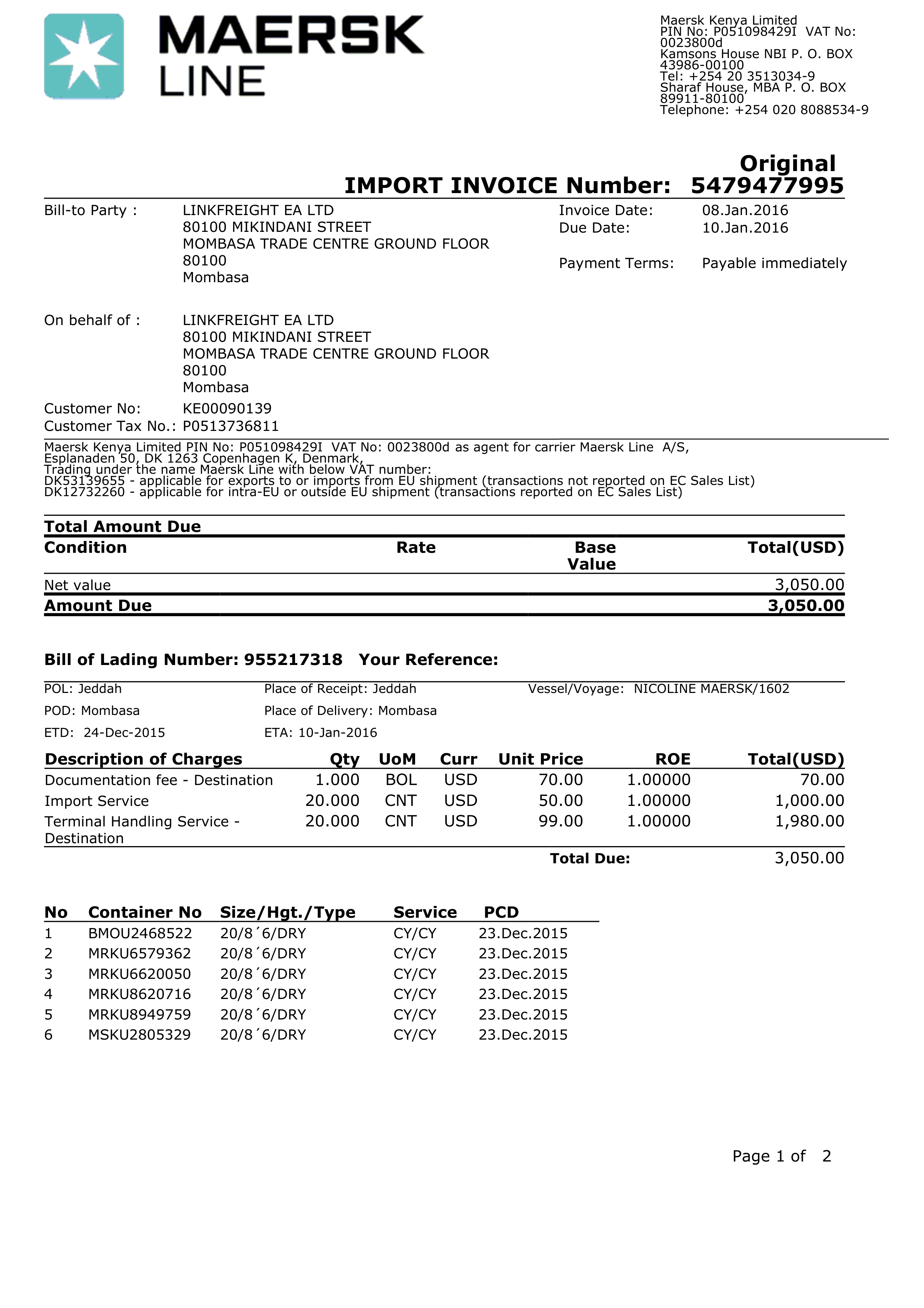 Maersk Line Import Invoice — page 1