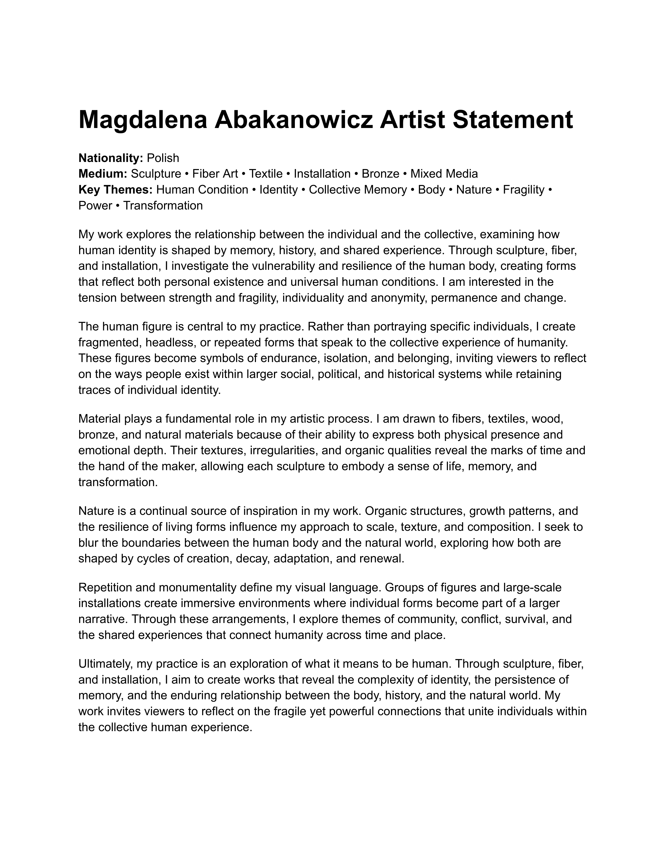 Magdalena Abakanowicz Artist Statement — page 1