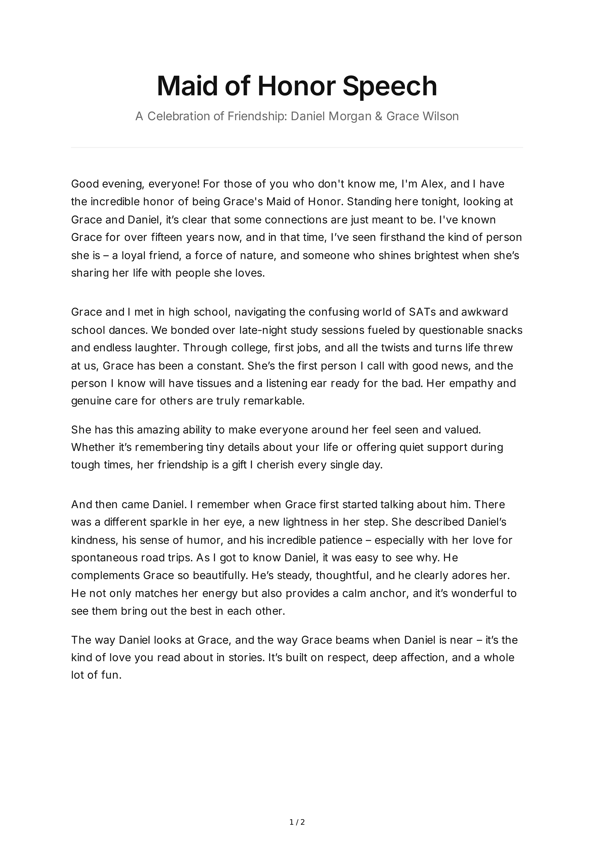 Maid of Honor Speech About Friendship — page 1