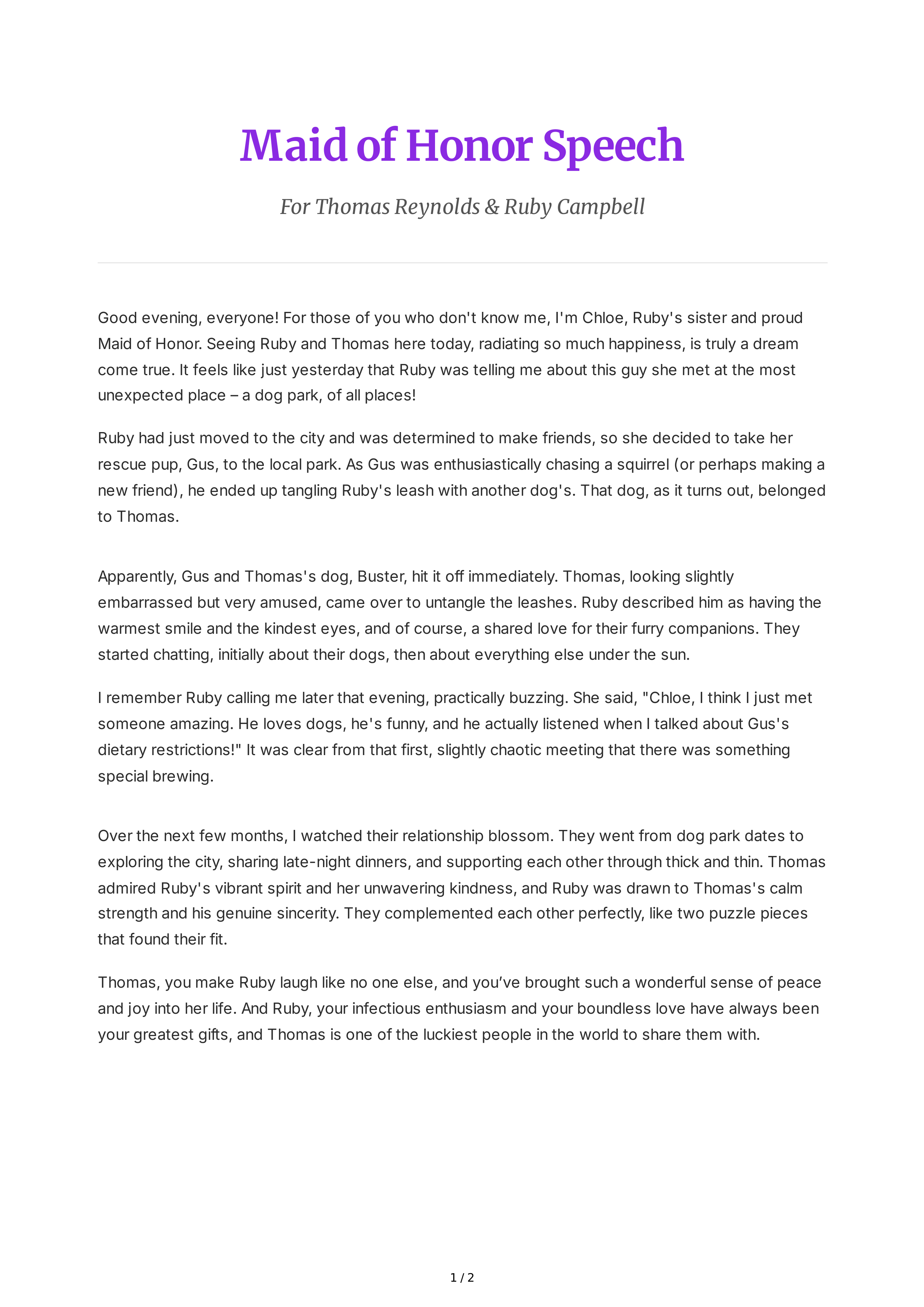 Maid of Honor Speech About How They Met — page 1
