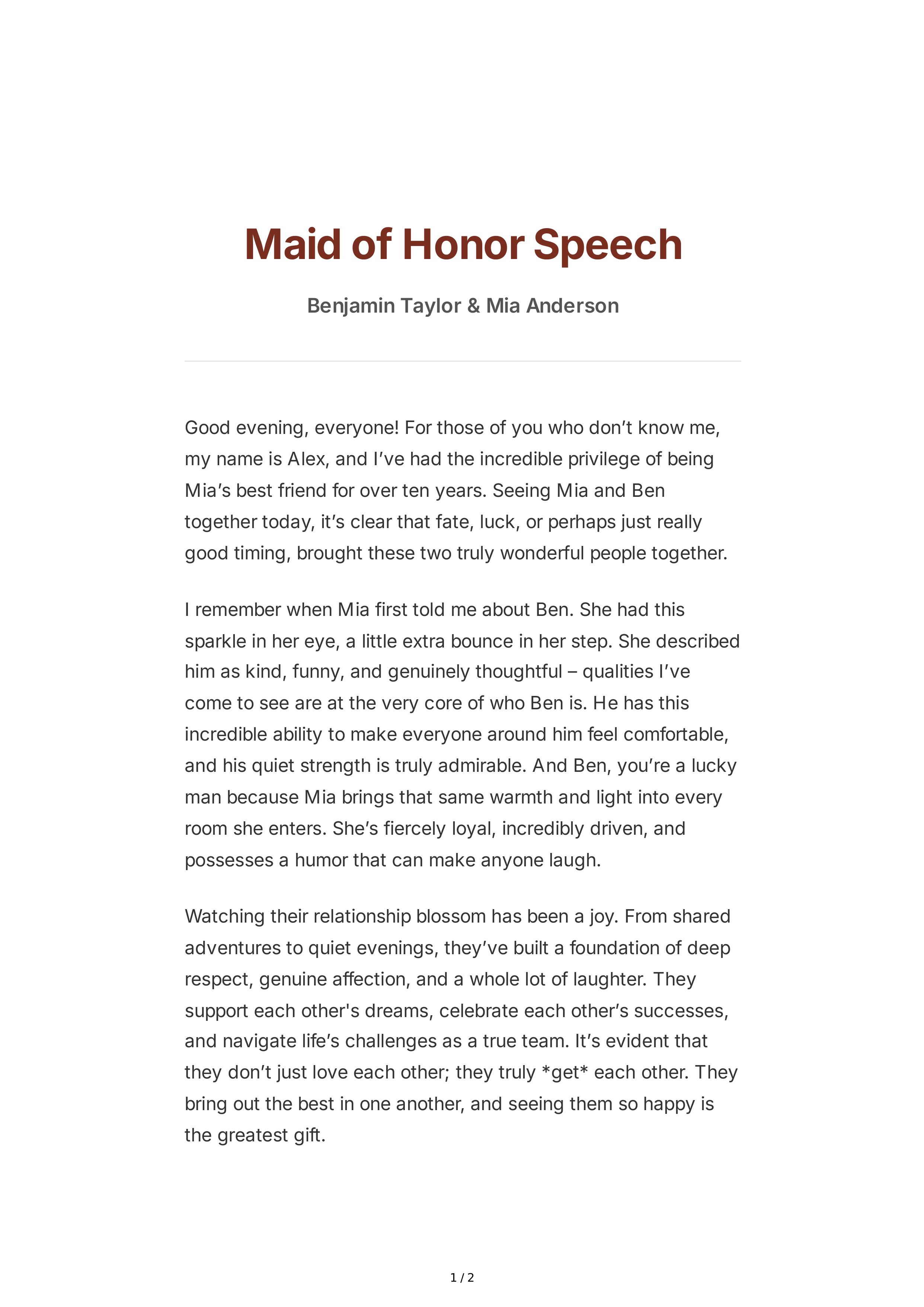 Maid of Honor Speech About the Couple — page 1