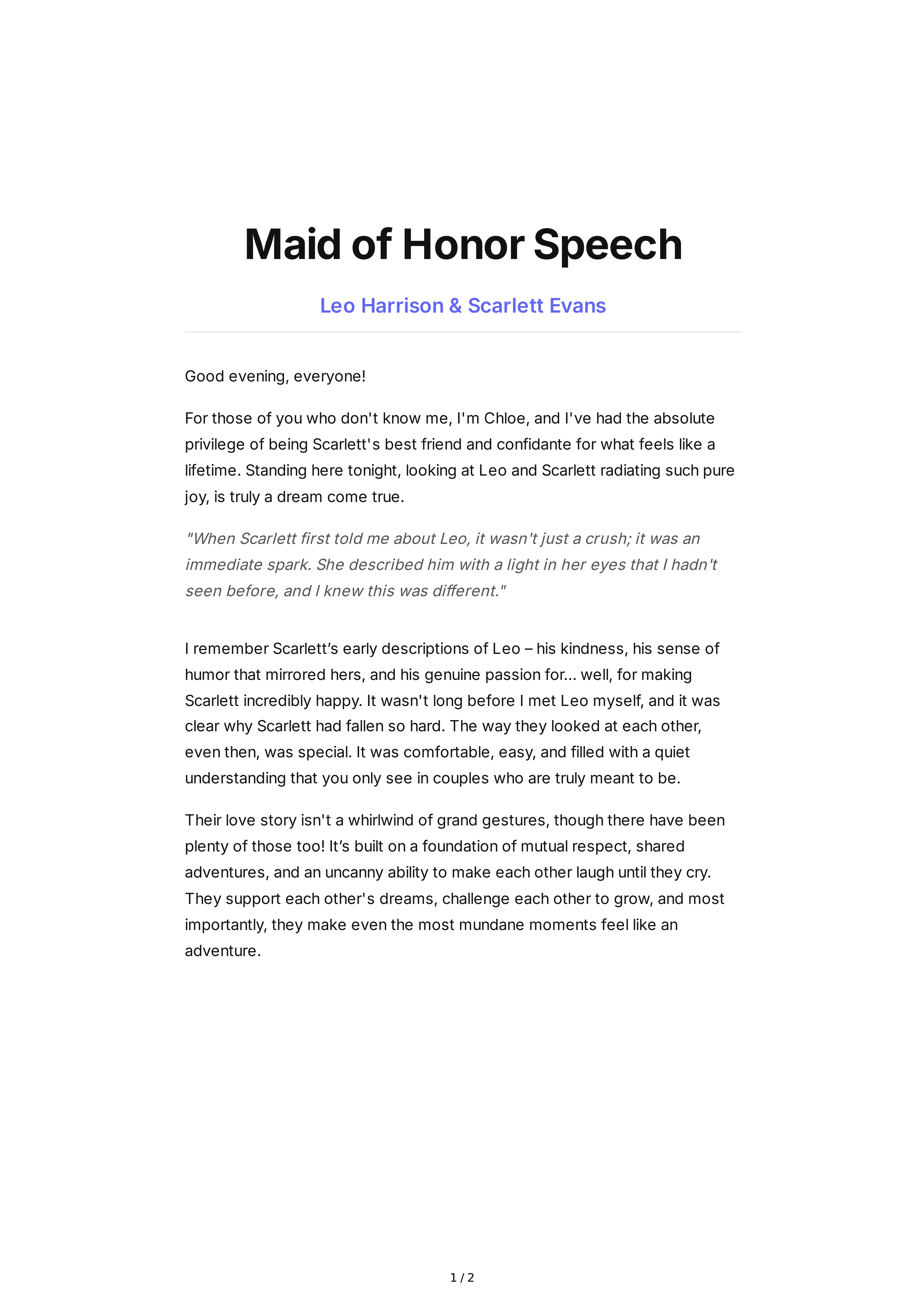 Maid of Honor Speech About the Couple's Love Story — page 1
