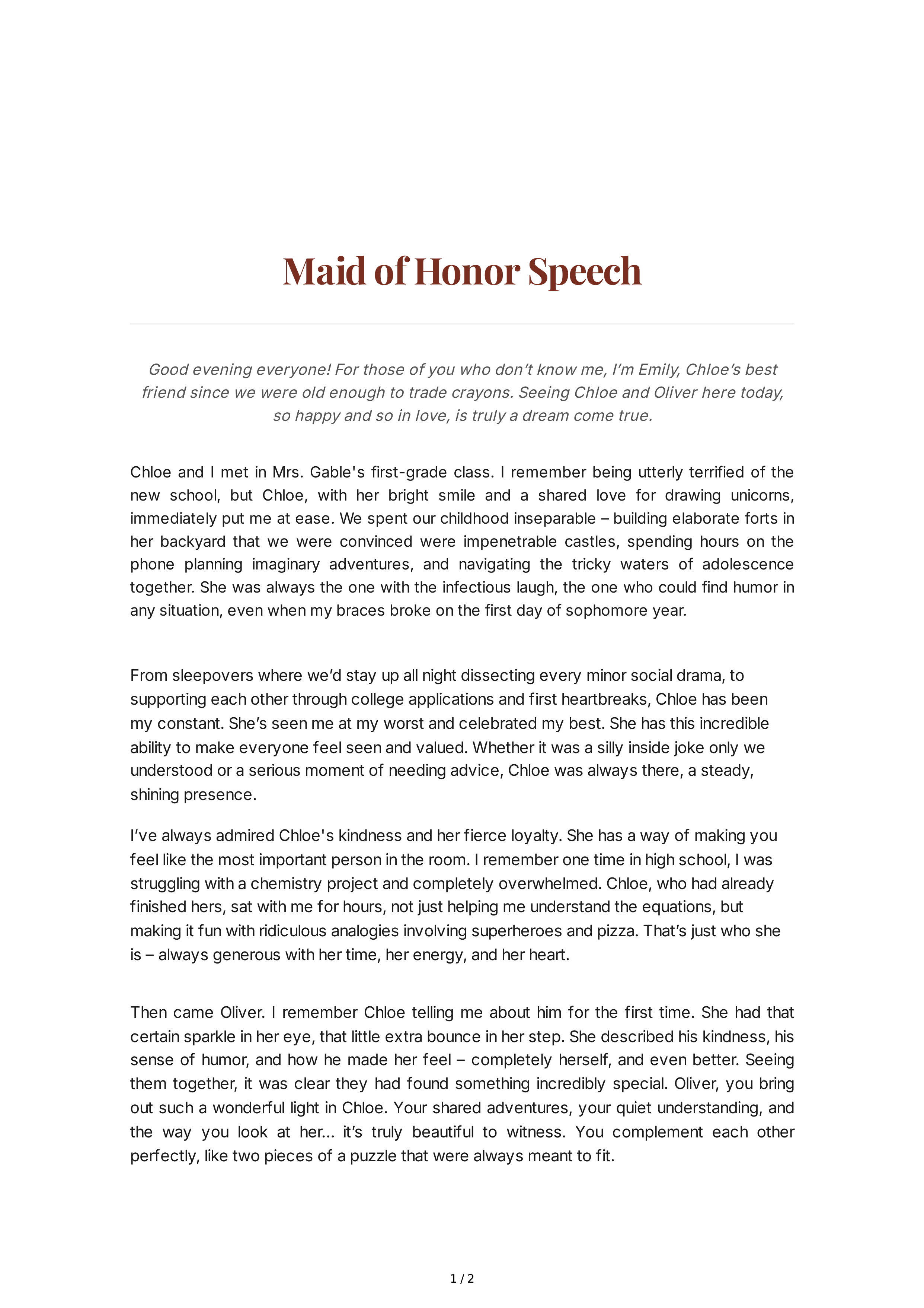 Maid of Honor Speech With Childhood Memories — page 1