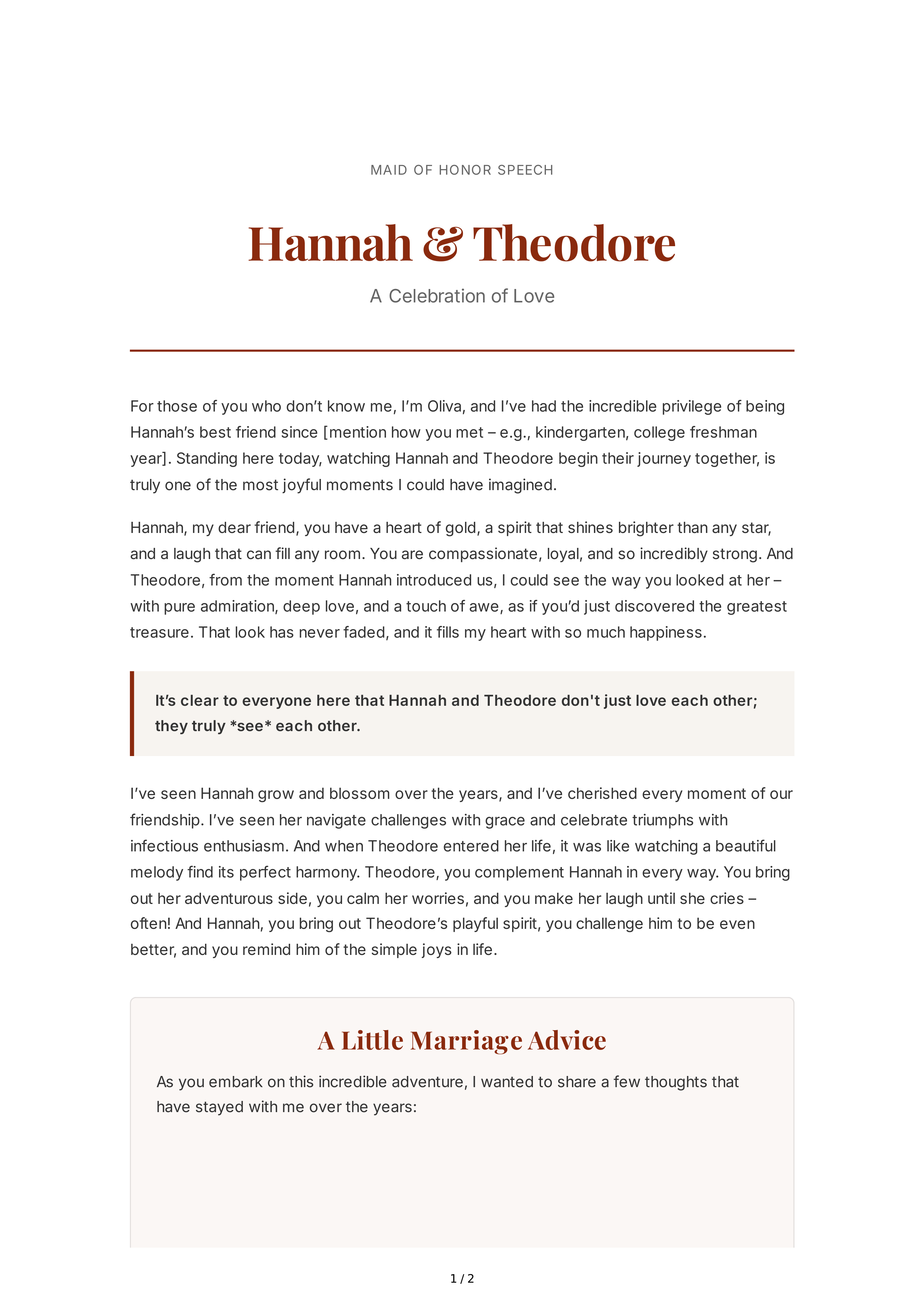 Maid of Honor Speech With Marriage Advice — page 1