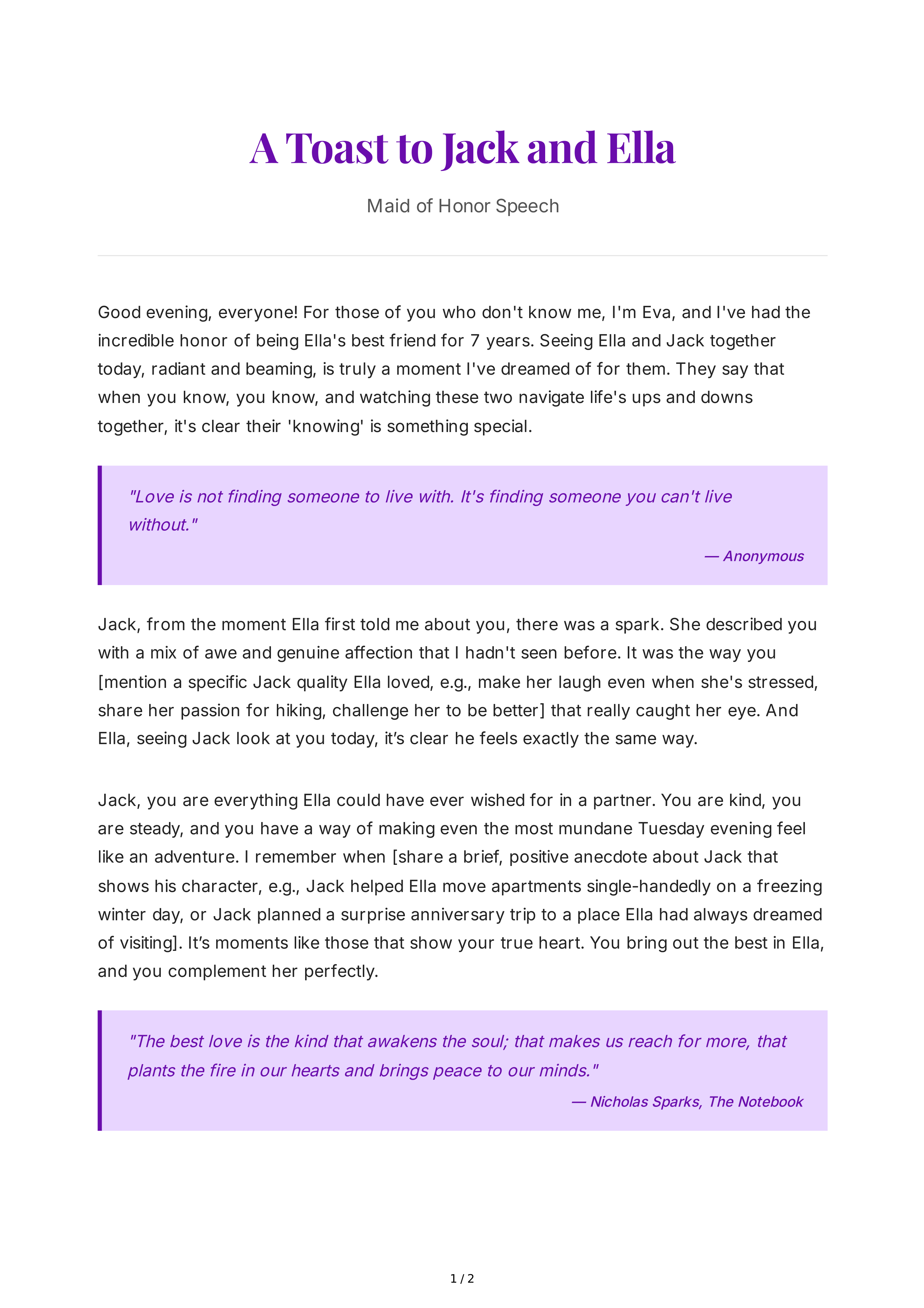 Maid of Honor Speech With Quotes — page 1