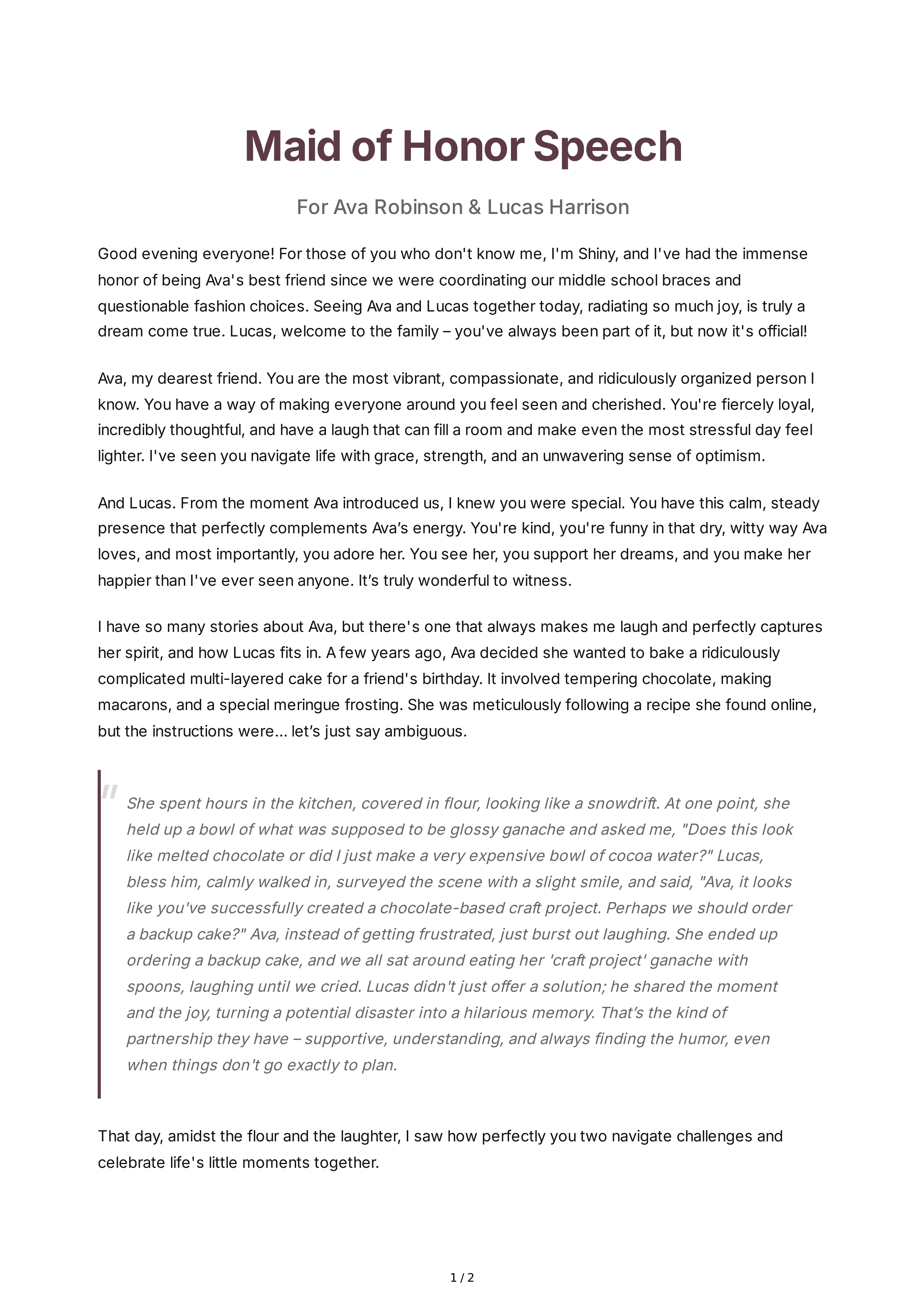 Maid of Honor Speech With a Funny Story — page 1