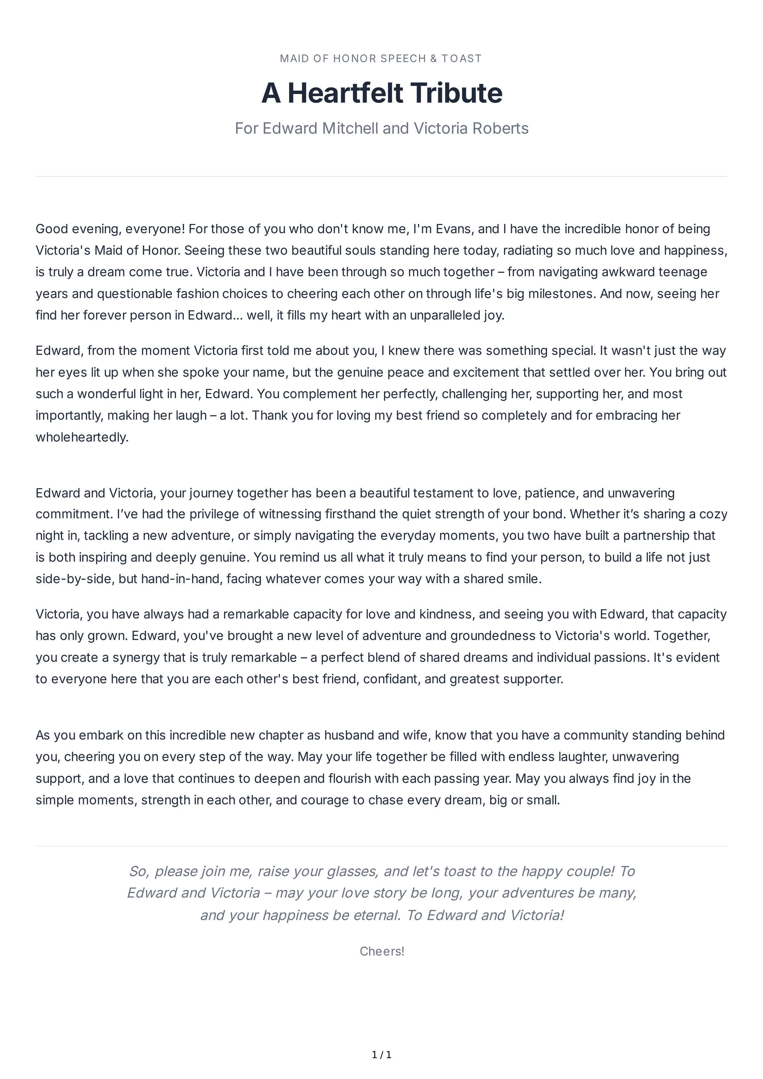 Maid of Honor Speech With a Heartfelt Toast — page 1