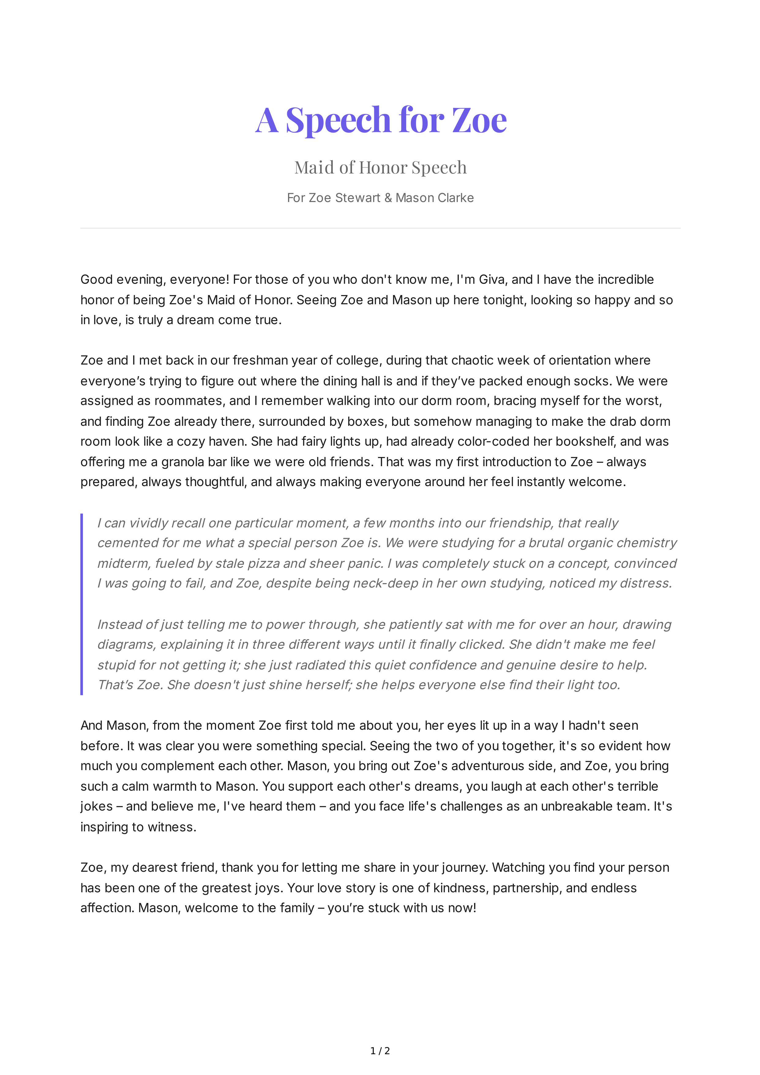 Maid of Honor Speech With a Personal Story — page 1