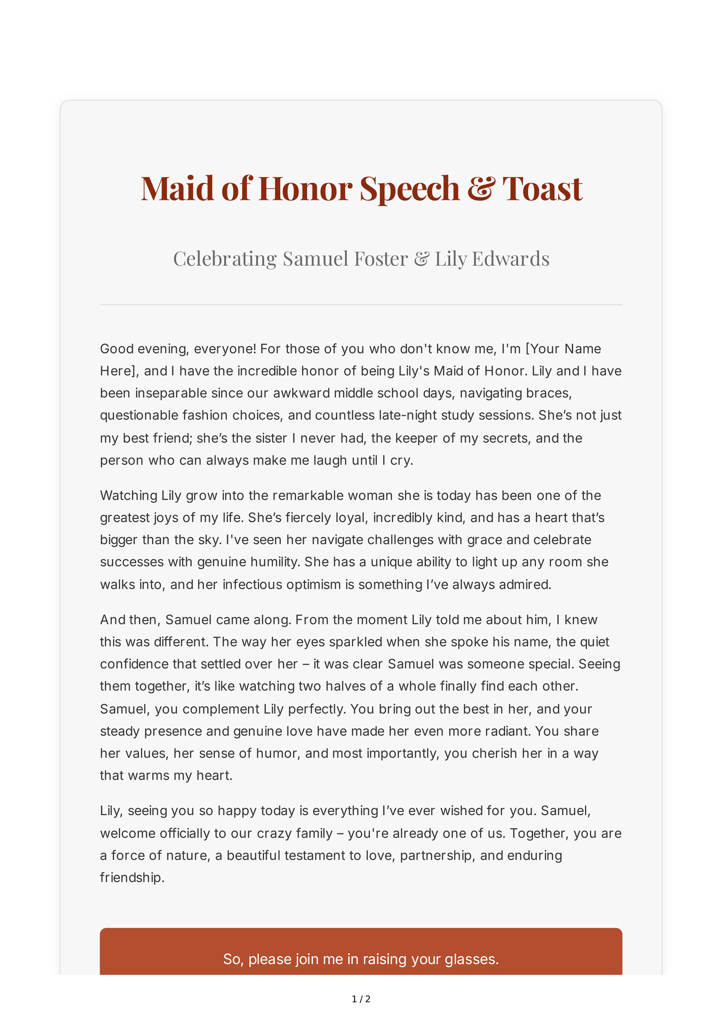 Maid of Honor Speech With a Wedding Toast — page 1