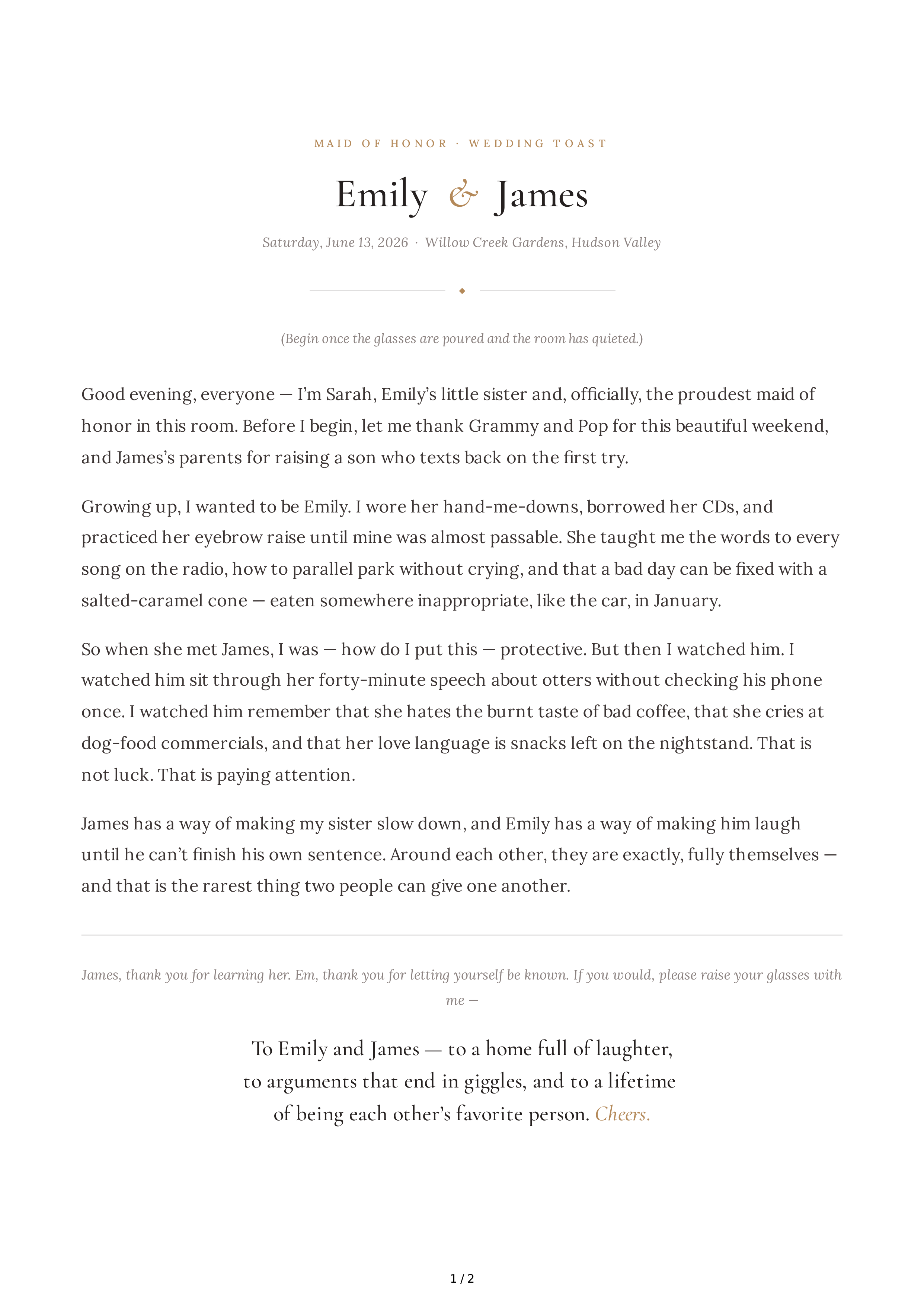 Maid of Honor Wedding Toast — page 1