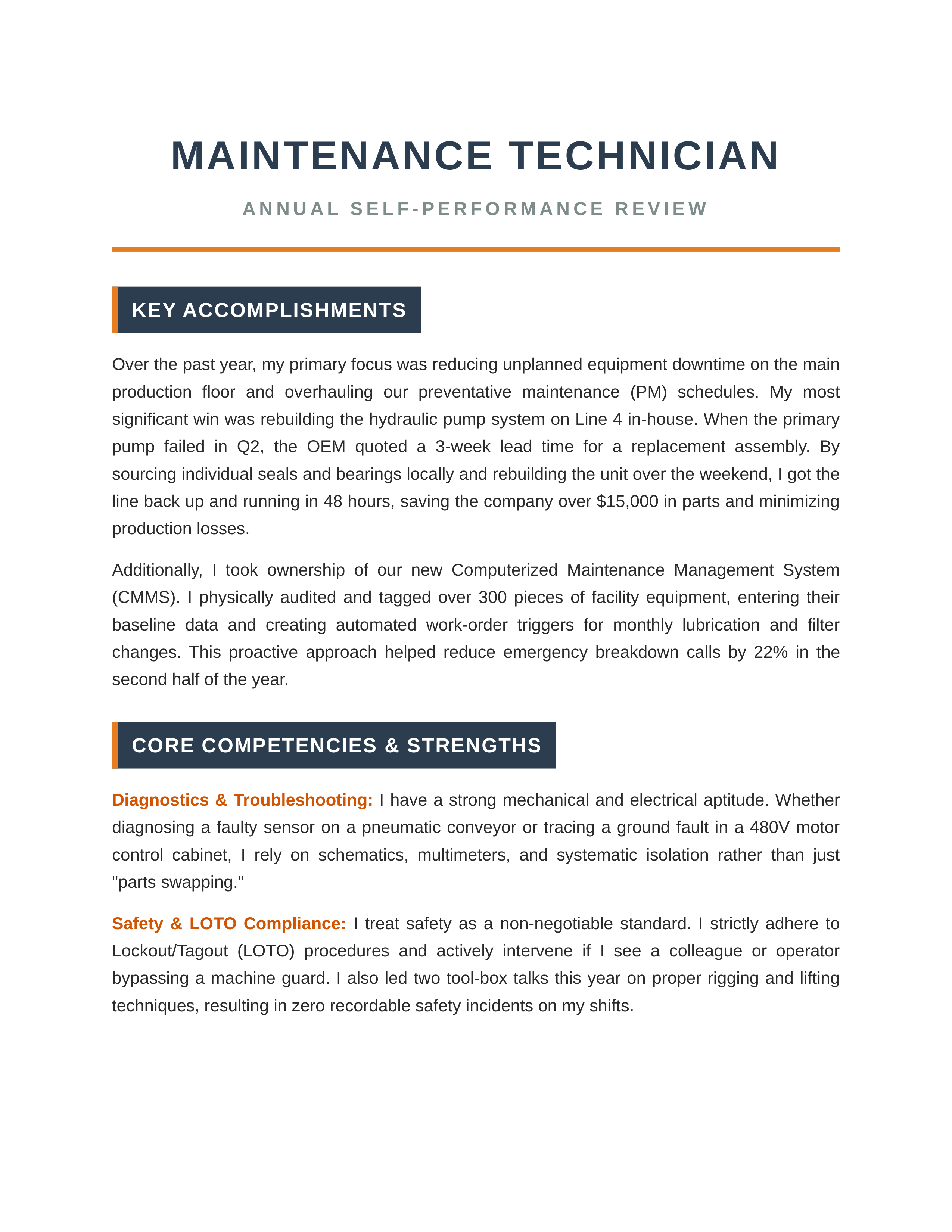 Maintenance Technician Self Performance Review — page 1