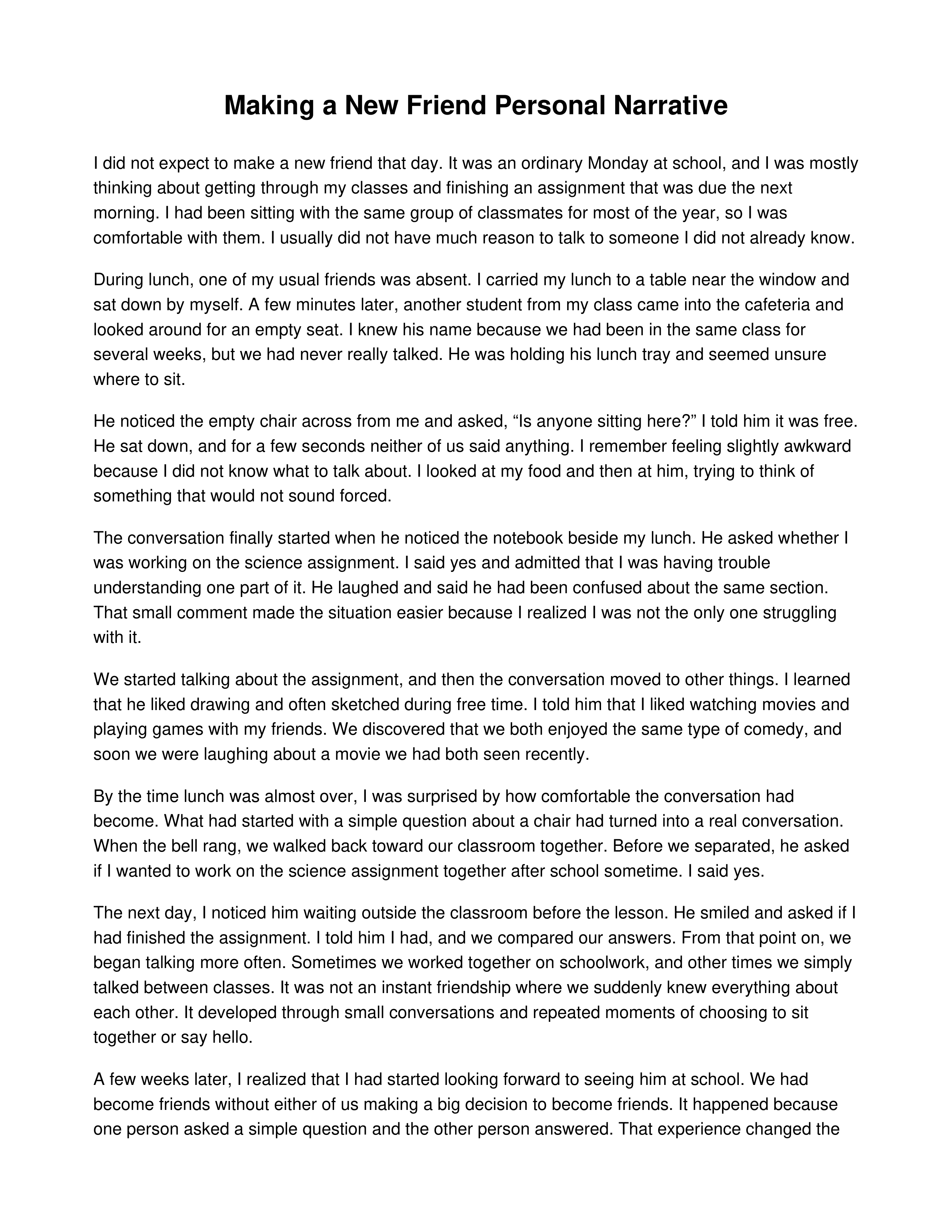 Making a New Friend Personal Narrative — page 1