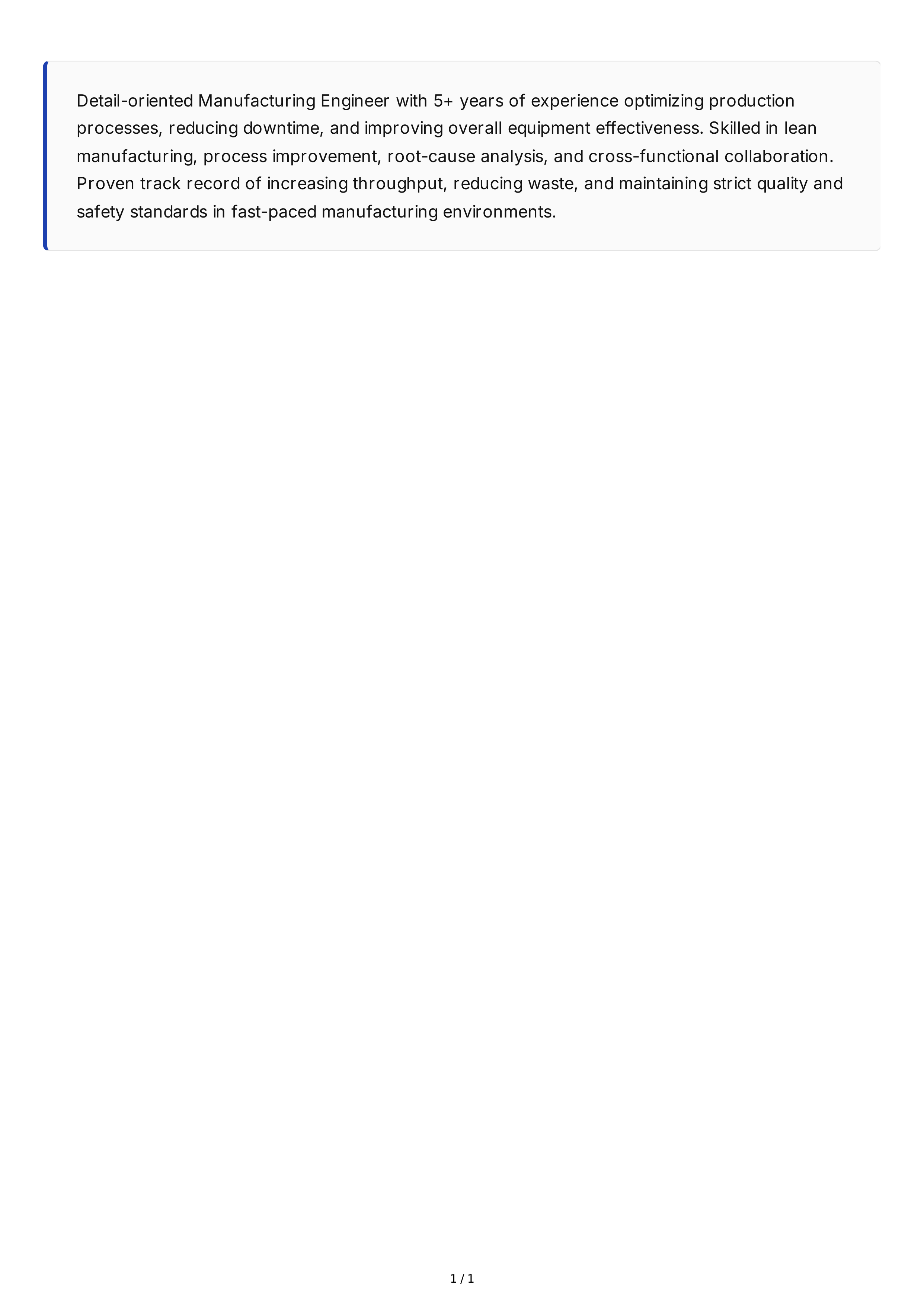 Manufacturing Engineer Resume Summary — page 1