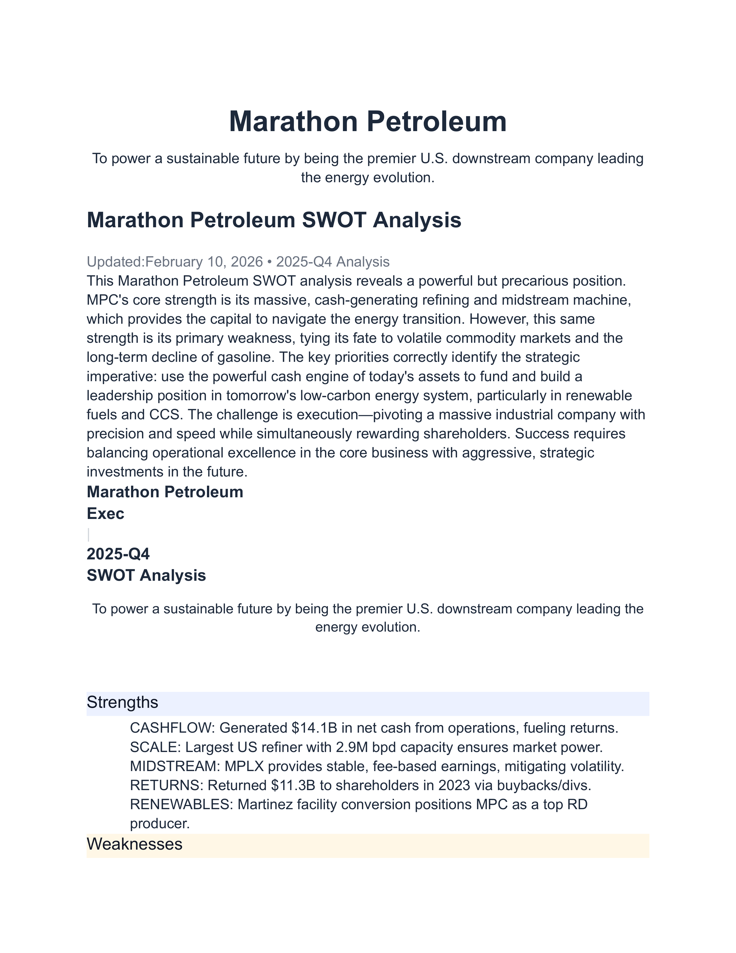 Marathon Petroleum Swot Analysis  — page 1
