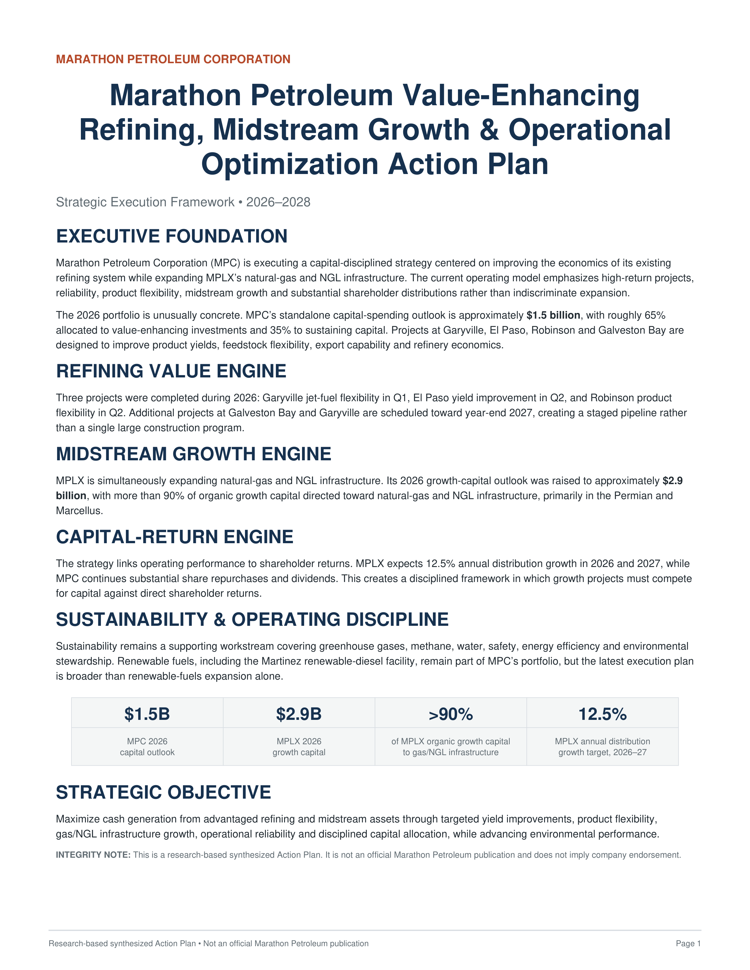 Marathon Petroleum Value-Enhancing Refining, Midstream Growth & Operational Optimization Action Plan — page 1