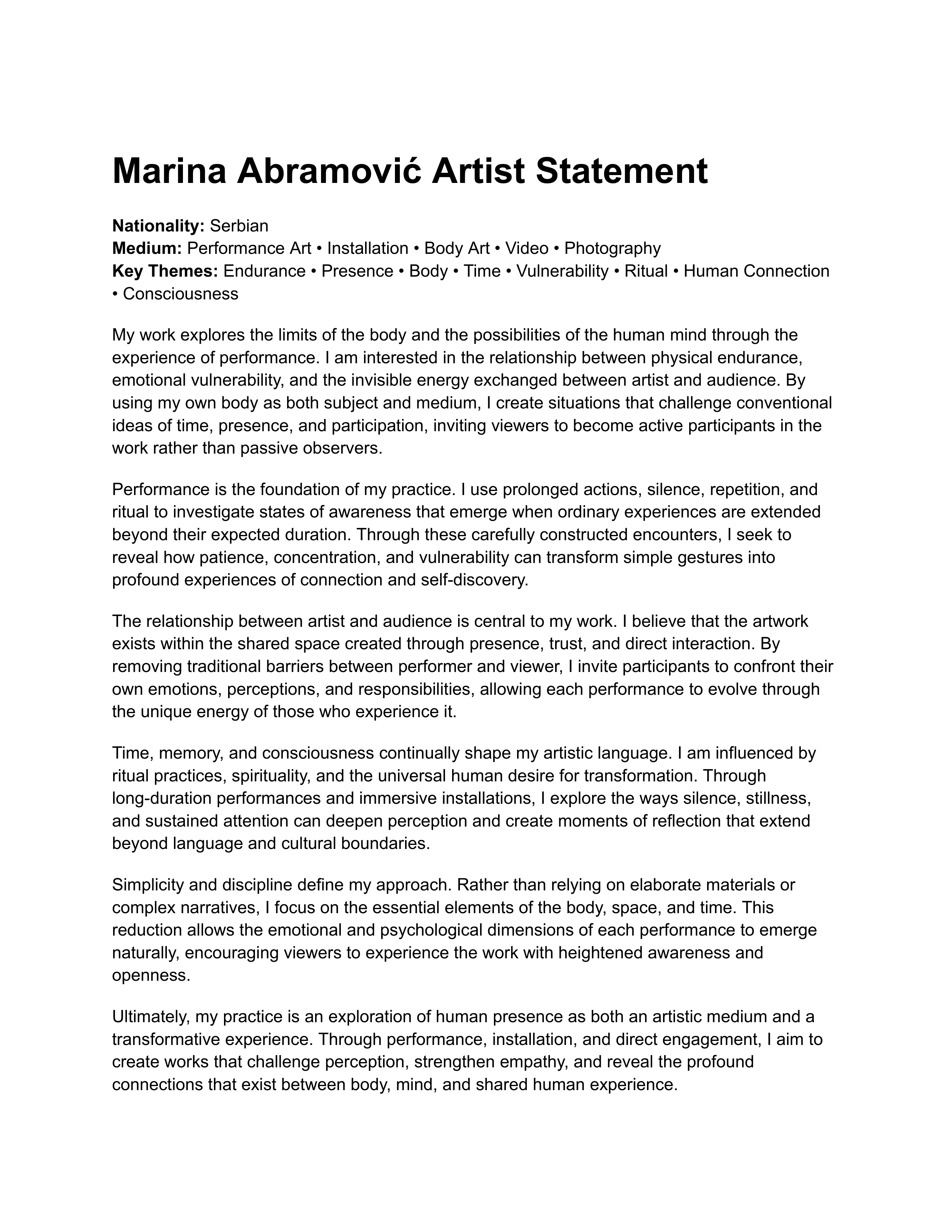 Marina Abramović Artist Statement — page 1