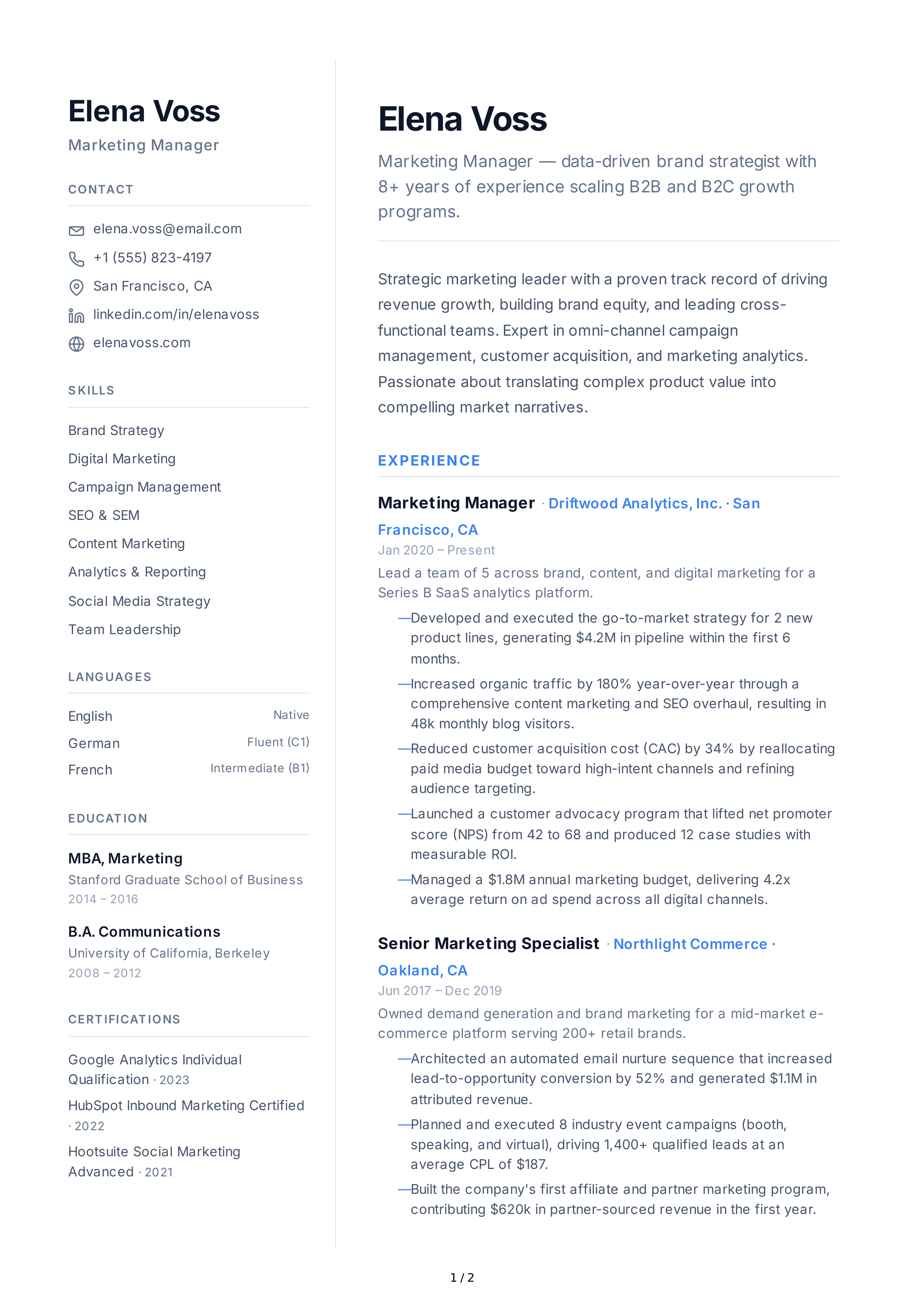 Marketing Manager CV — page 1
