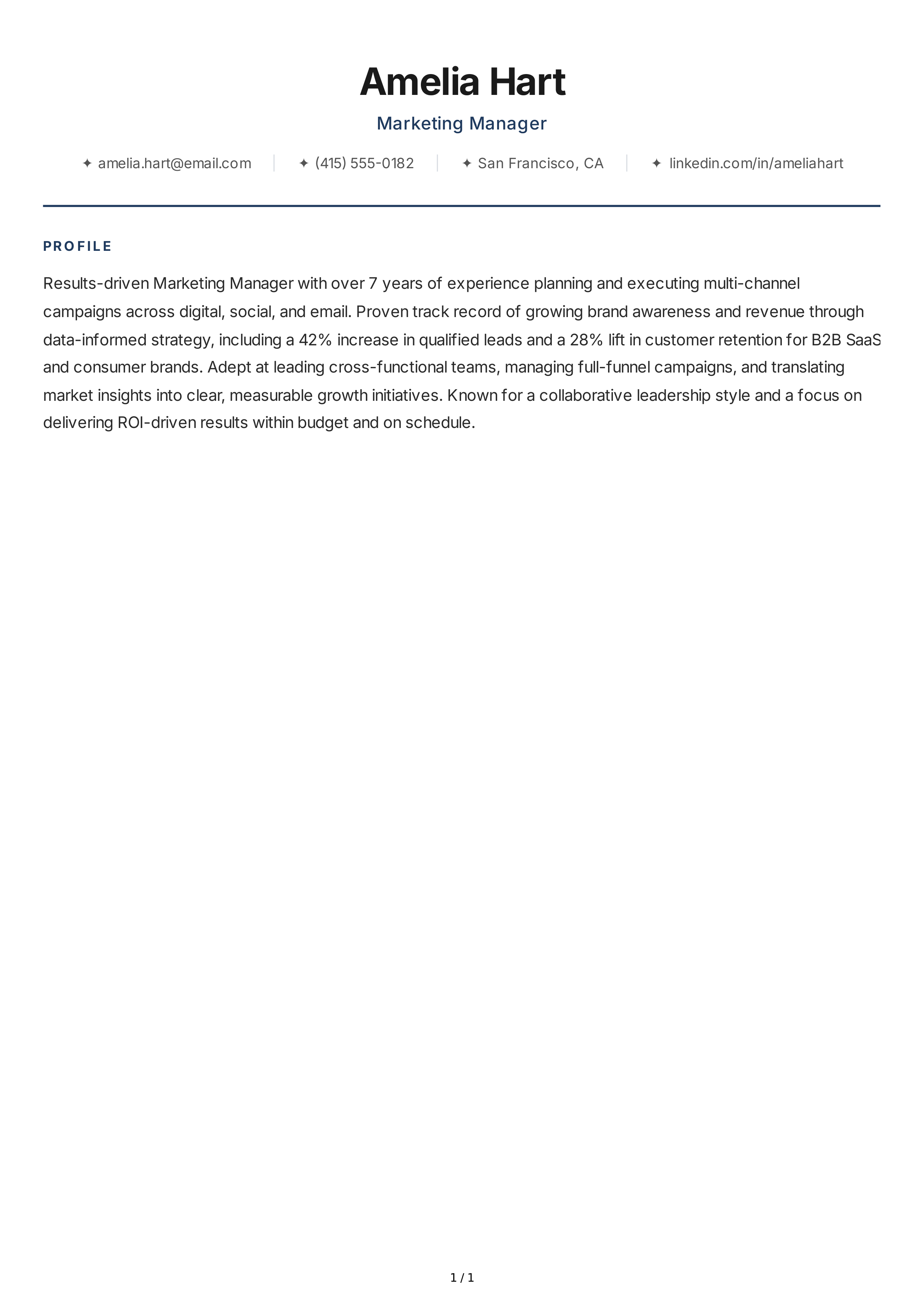 Marketing Manager Resume Profile — page 1